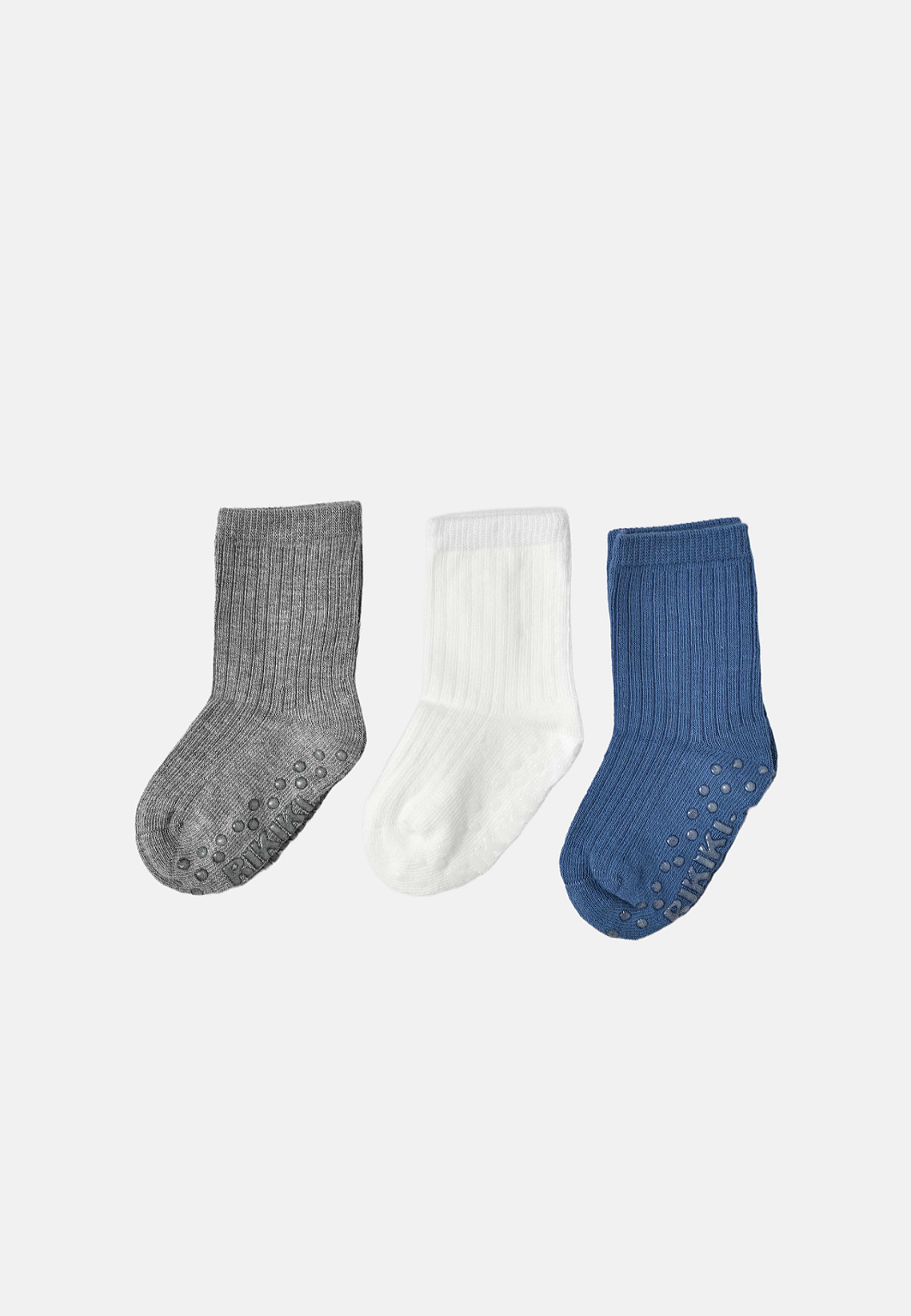 Babystrumpor med halkskydd, 3-pack, från RIKIKI, i färgen Navy. Klicka för att öppna bilden i stort format