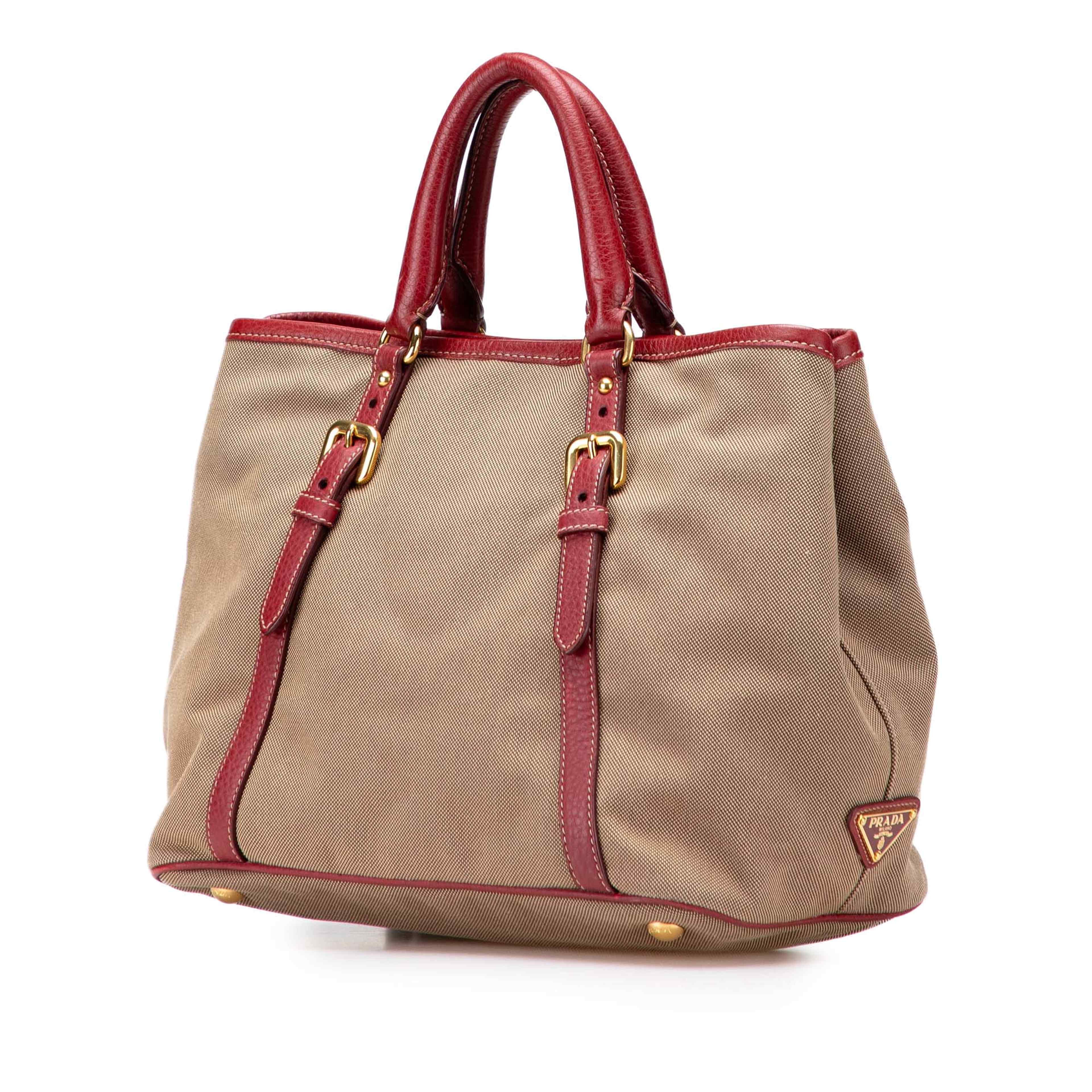 Prada Canvas Canapa Logo Bow Satchel, från Luxclusif, i färgen beige. Klicka för att öppna bilden i stort format