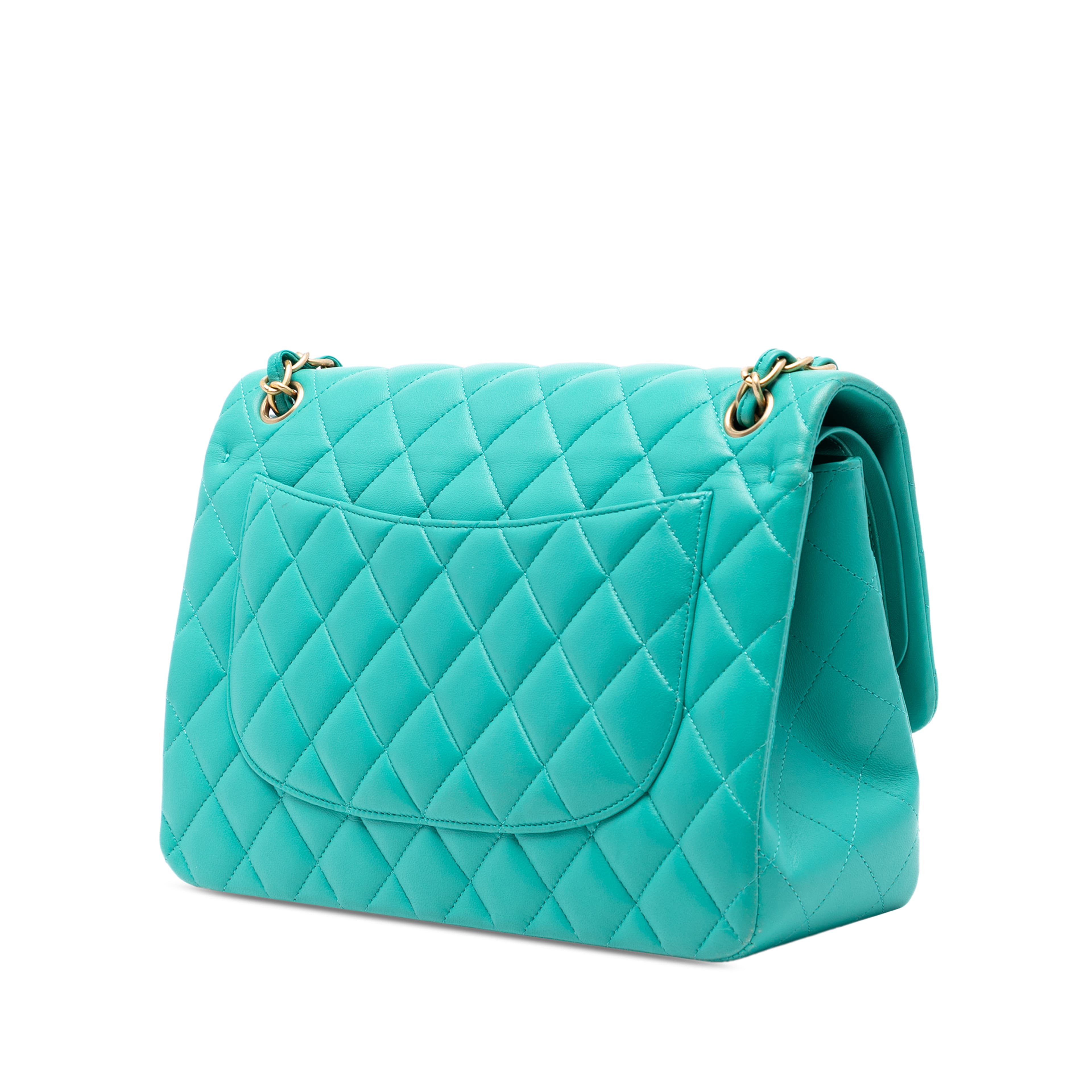 Chanel Jumbo Classic Lambskin Double Flap, från Luxclusif, i färgen lime. Klicka för att öppna bilden i stort format