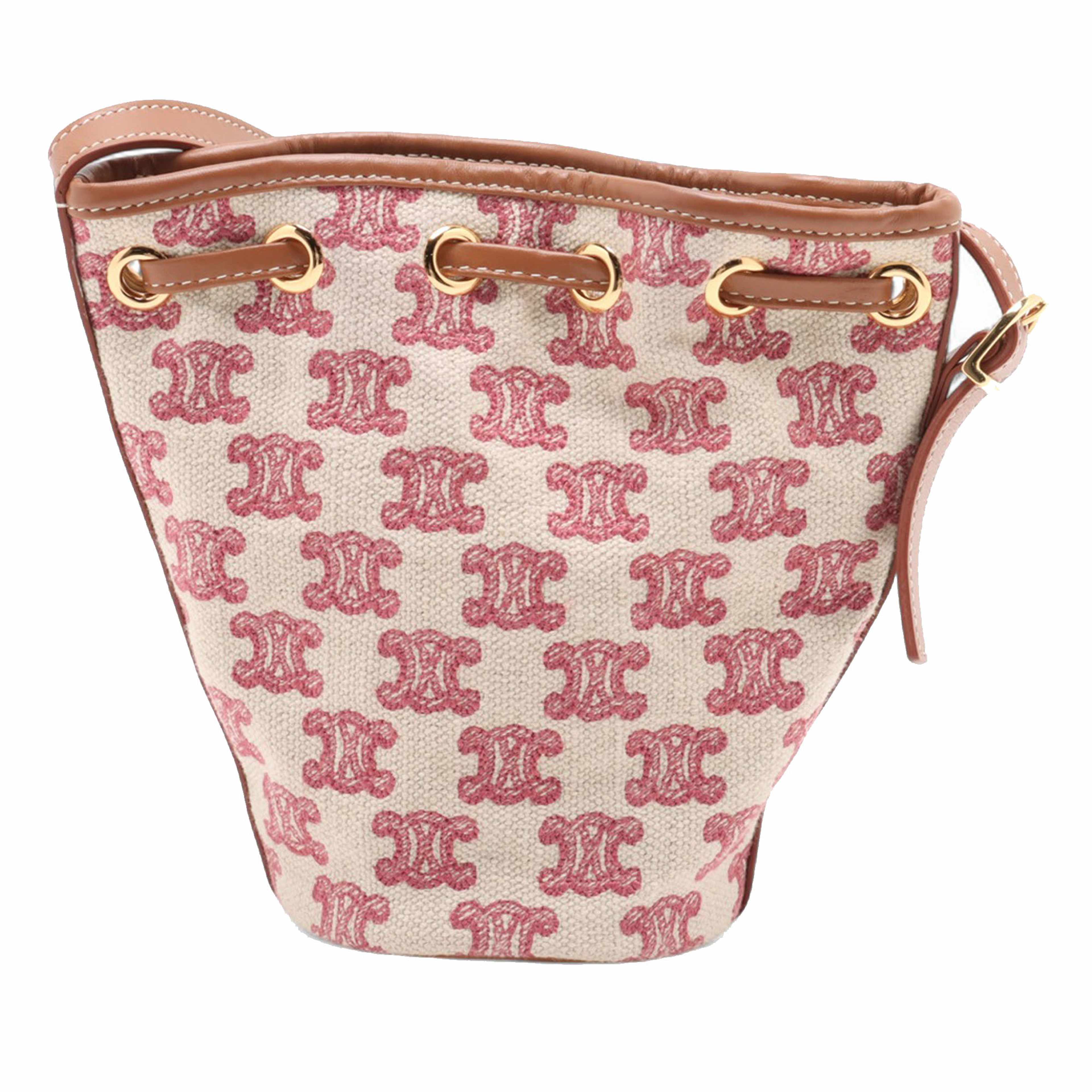 Celine Micro Triomphe Embroidered Canvas Drawstring Bucket Bag, från Luxclusif, i färgen beige. Klicka för att öppna bilden i stort format