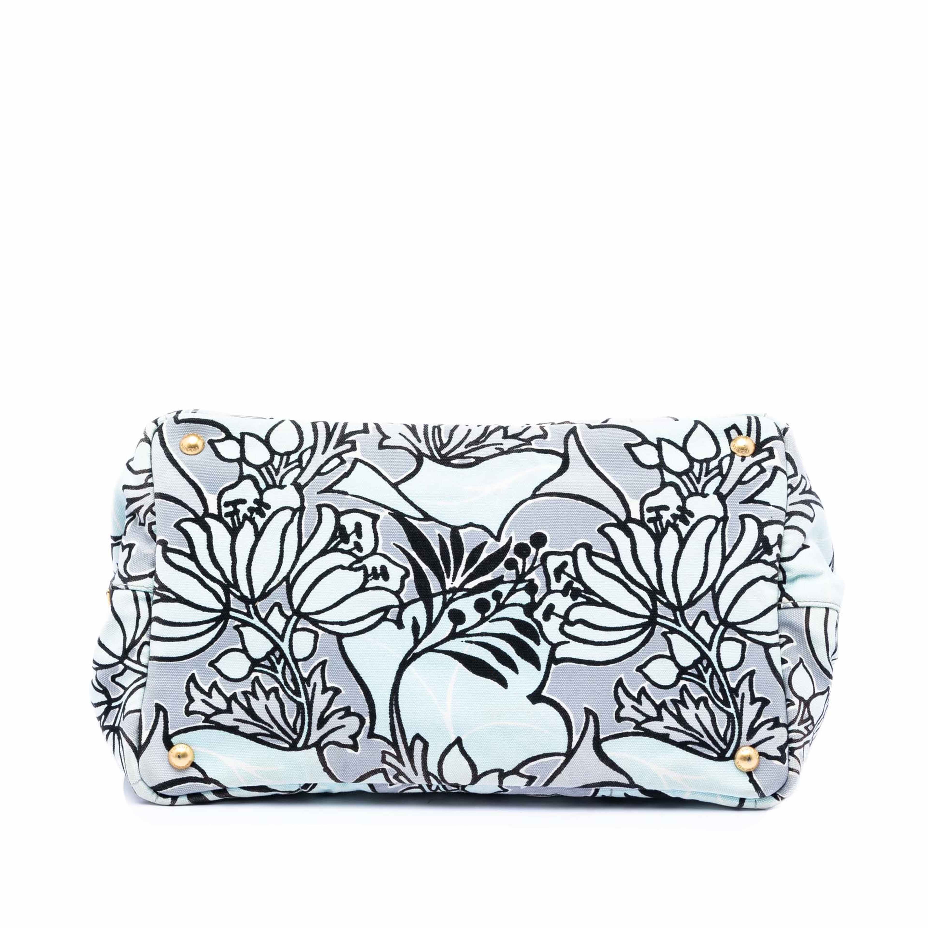 Prada Medium Floral Printed Canvas Canapa Satchel, från Luxclusif, i färgen blå. Klicka för att öppna bilden i stort format