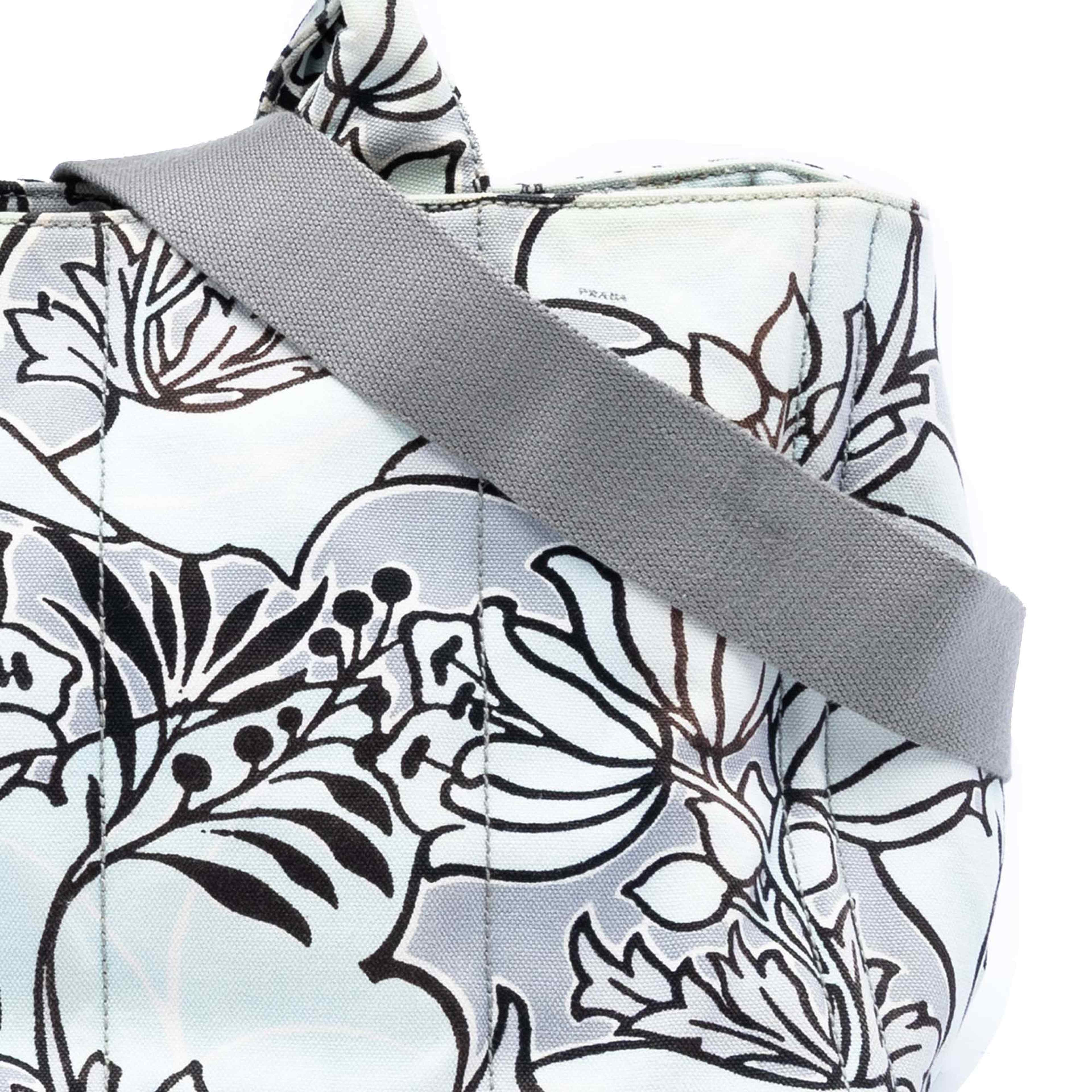 Prada Medium Floral Printed Canvas Canapa Satchel, från Luxclusif, i färgen blå. Klicka för att öppna bilden i stort format