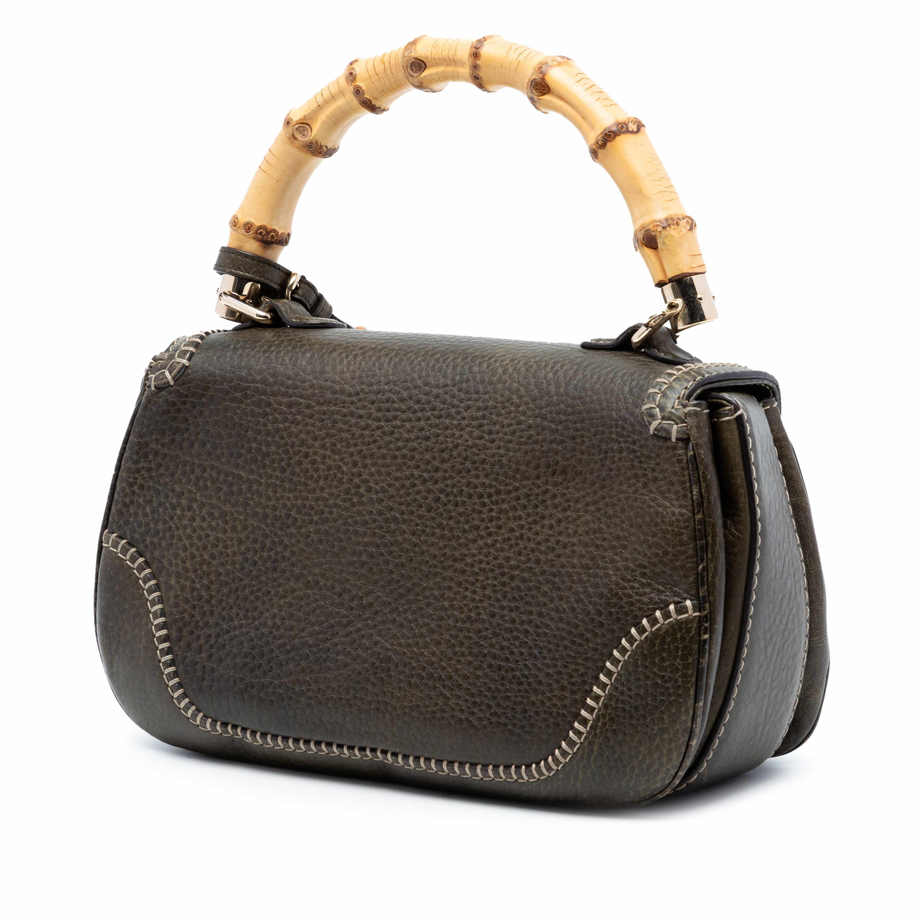 Gucci Medium Leather New Bamboo Satchel, från Luxclusif, i färgen olive green. Klicka för att öppna bilden i stort format