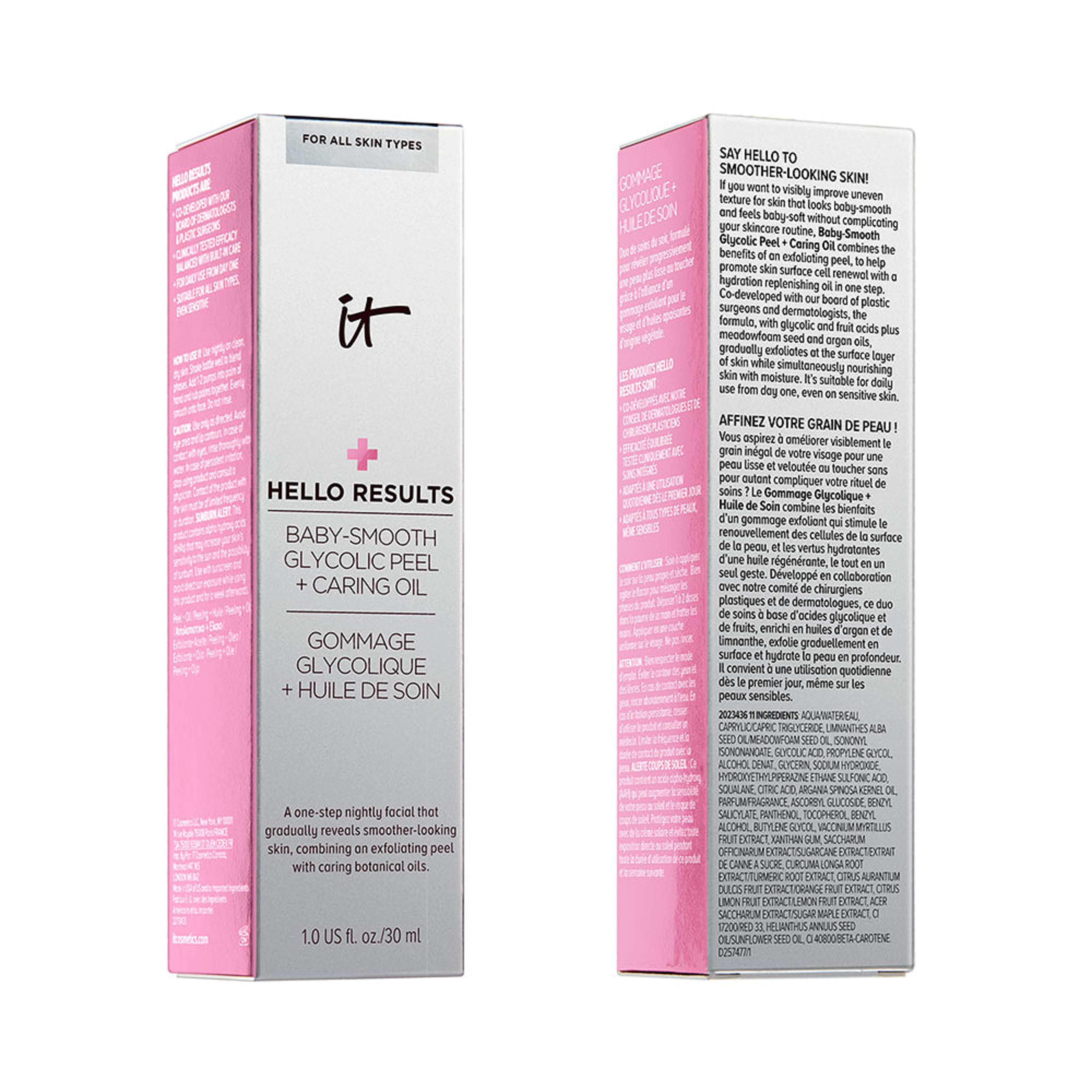Hello Results Baby-Smooth Glycolic Peel + Caring Oil, från IT Cosmetics. Klicka för att öppna bilden i stort format