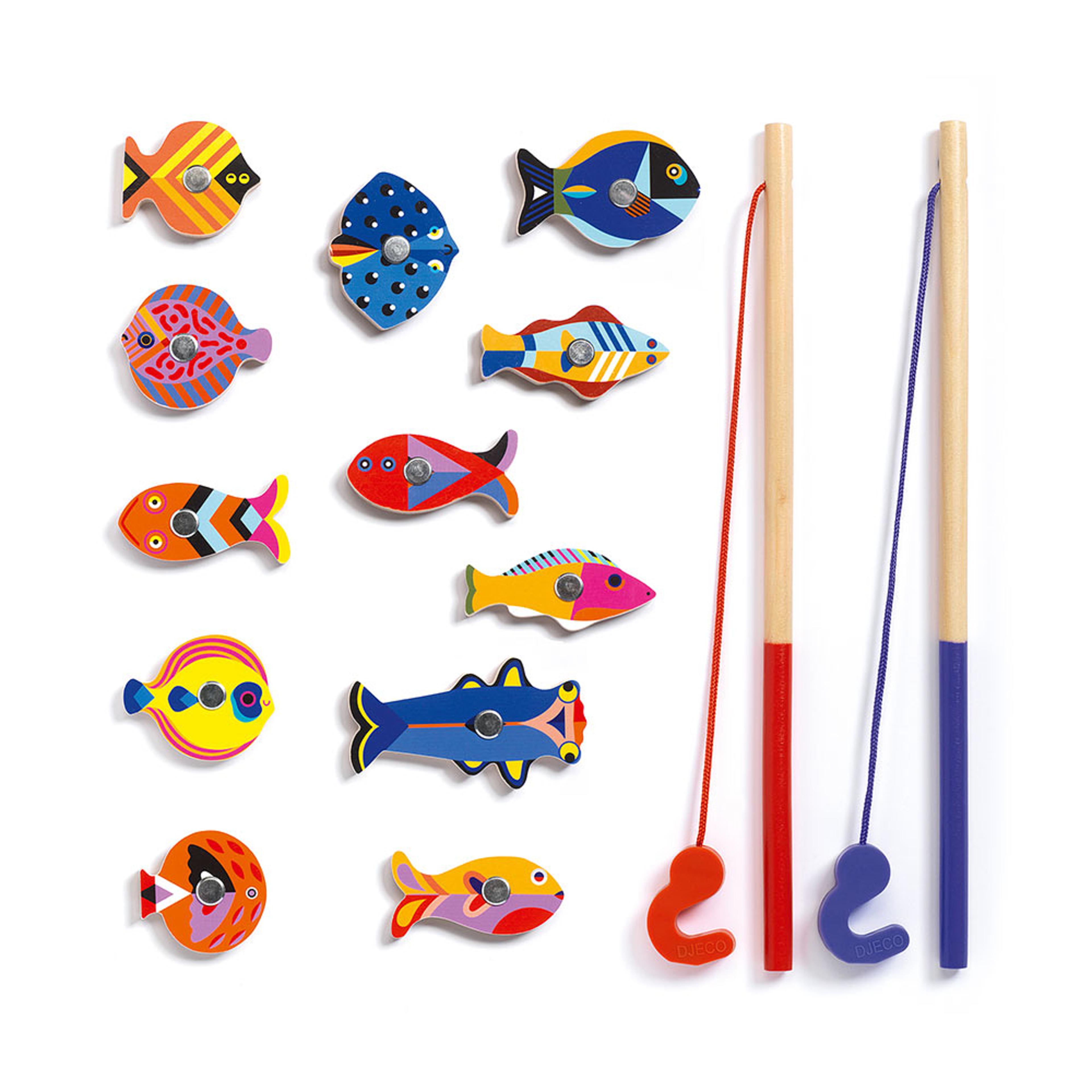 Magnetiskt fiskespel med grafiska fiskar