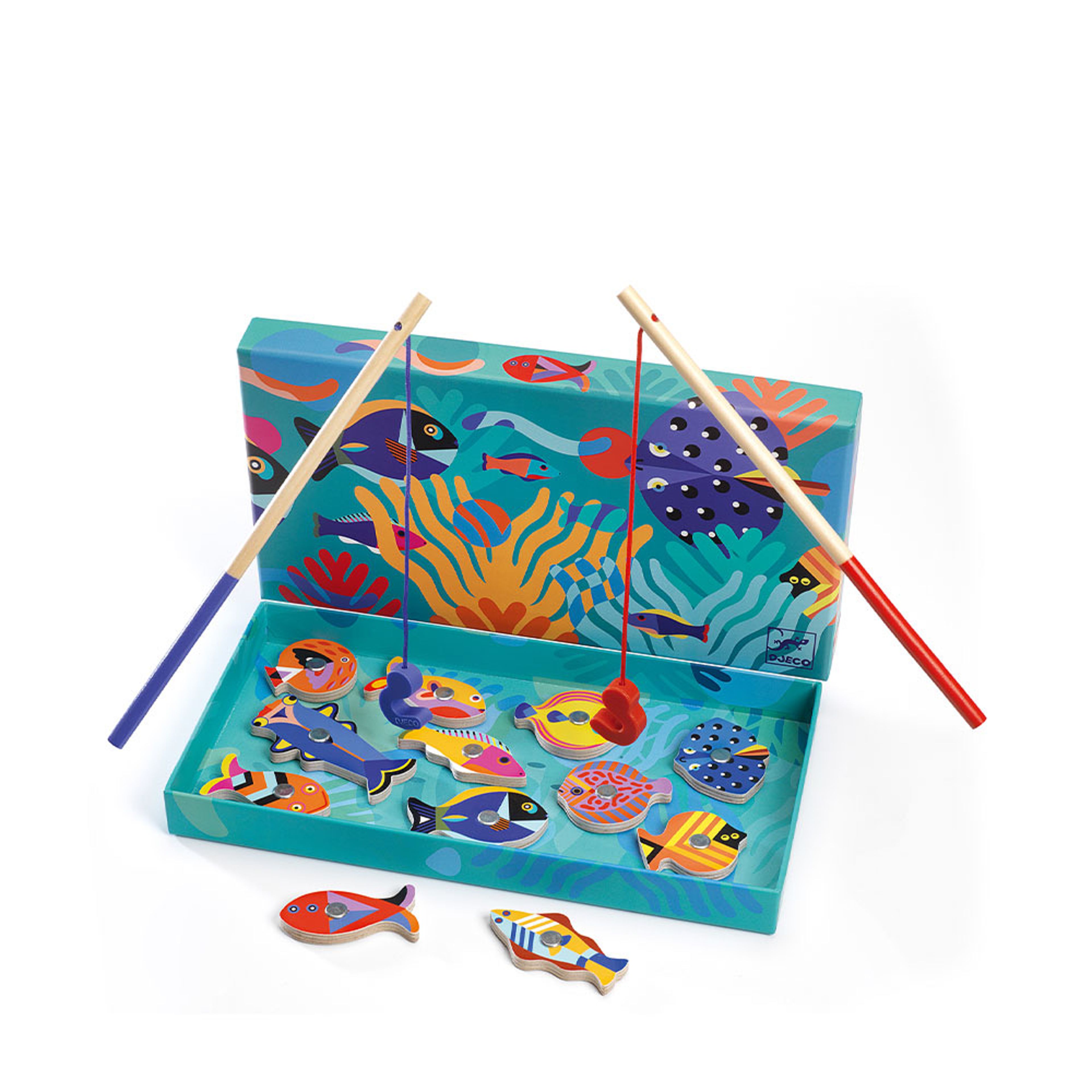 Magnetiskt fiskespel med grafiska fiskar