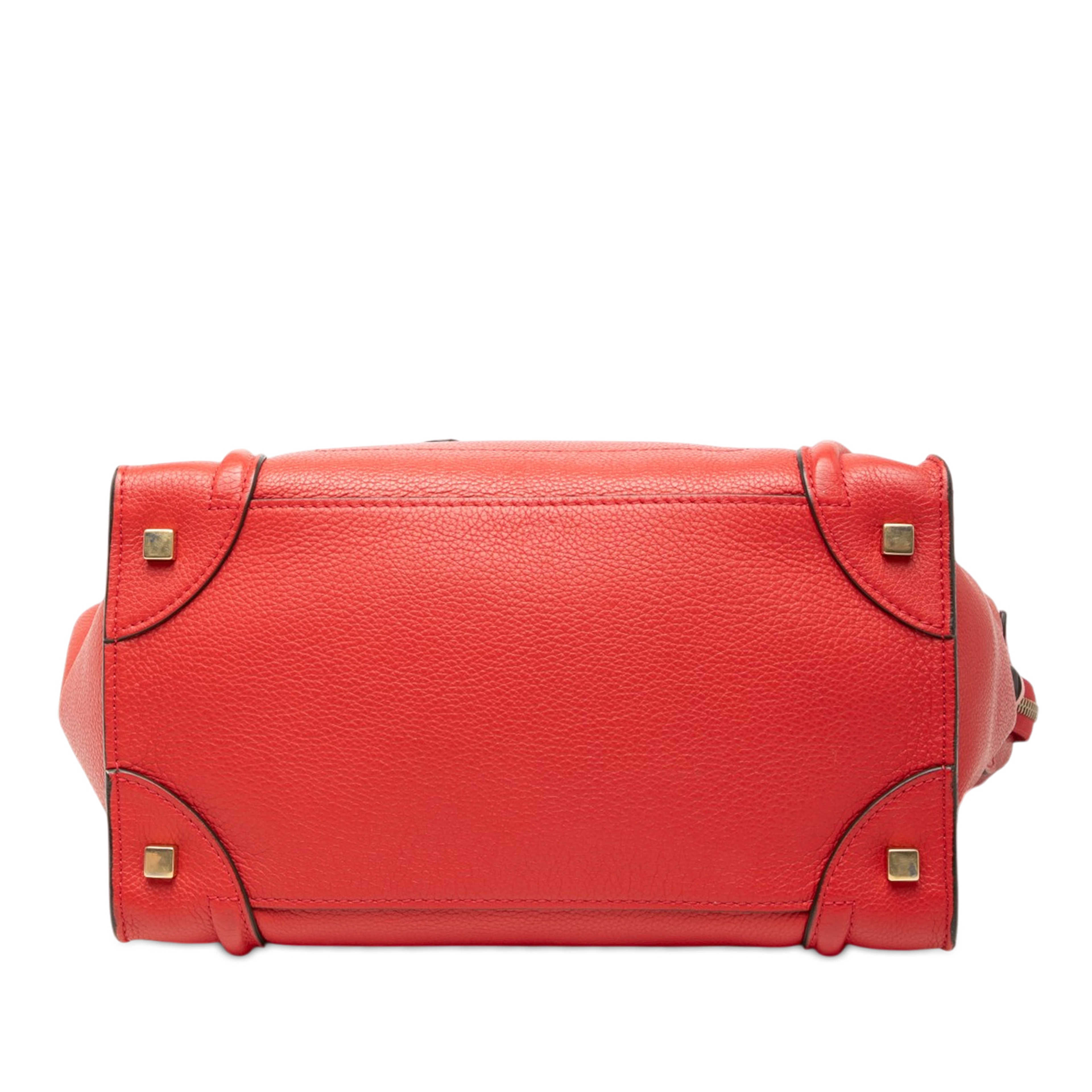 Celine Mini Grained Calfskin Luggage Tote, från Luxclusif, i färgen red. Klicka för att öppna bilden i stort format