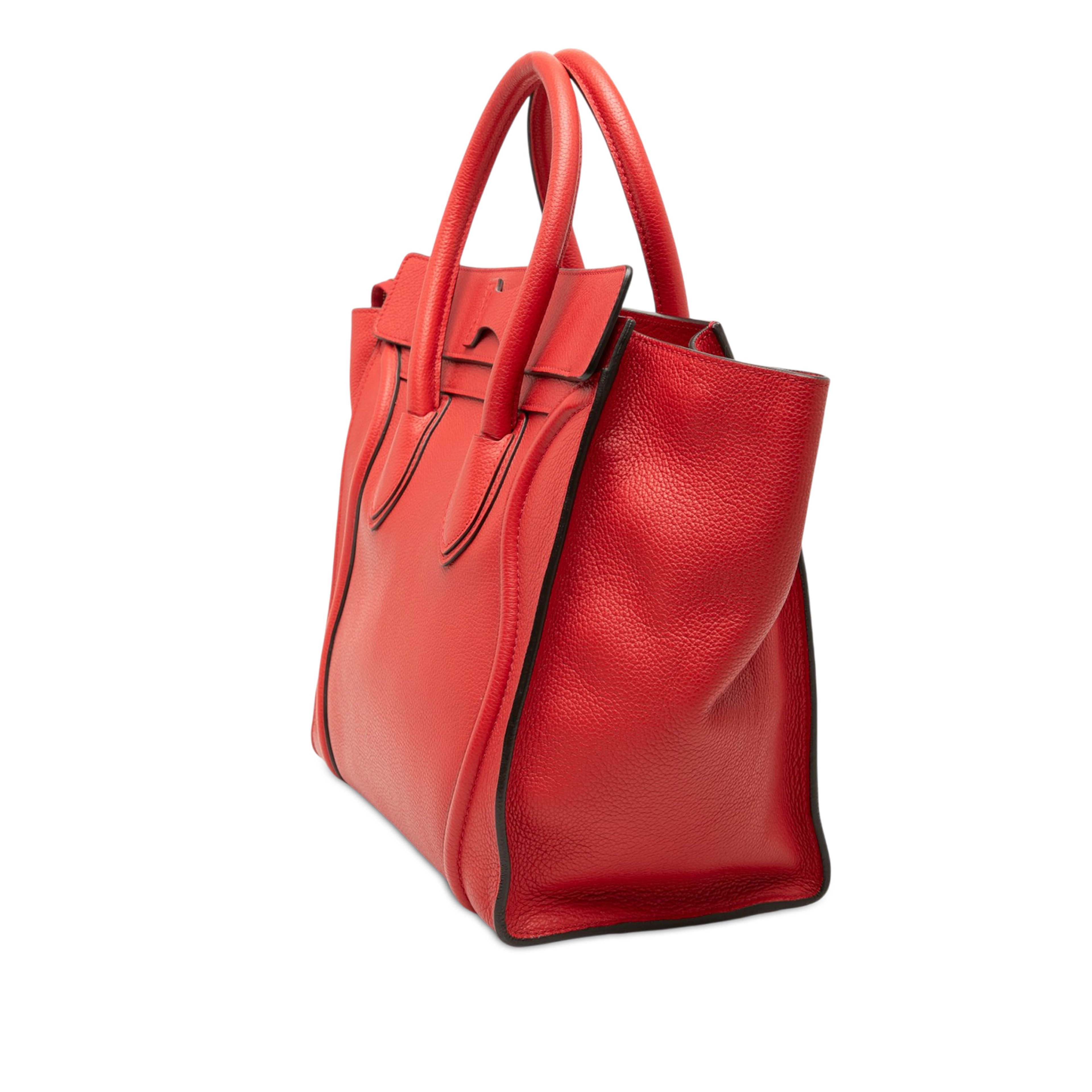 Celine Mini Grained Calfskin Luggage Tote, från Luxclusif, i färgen red. Klicka för att öppna bilden i stort format