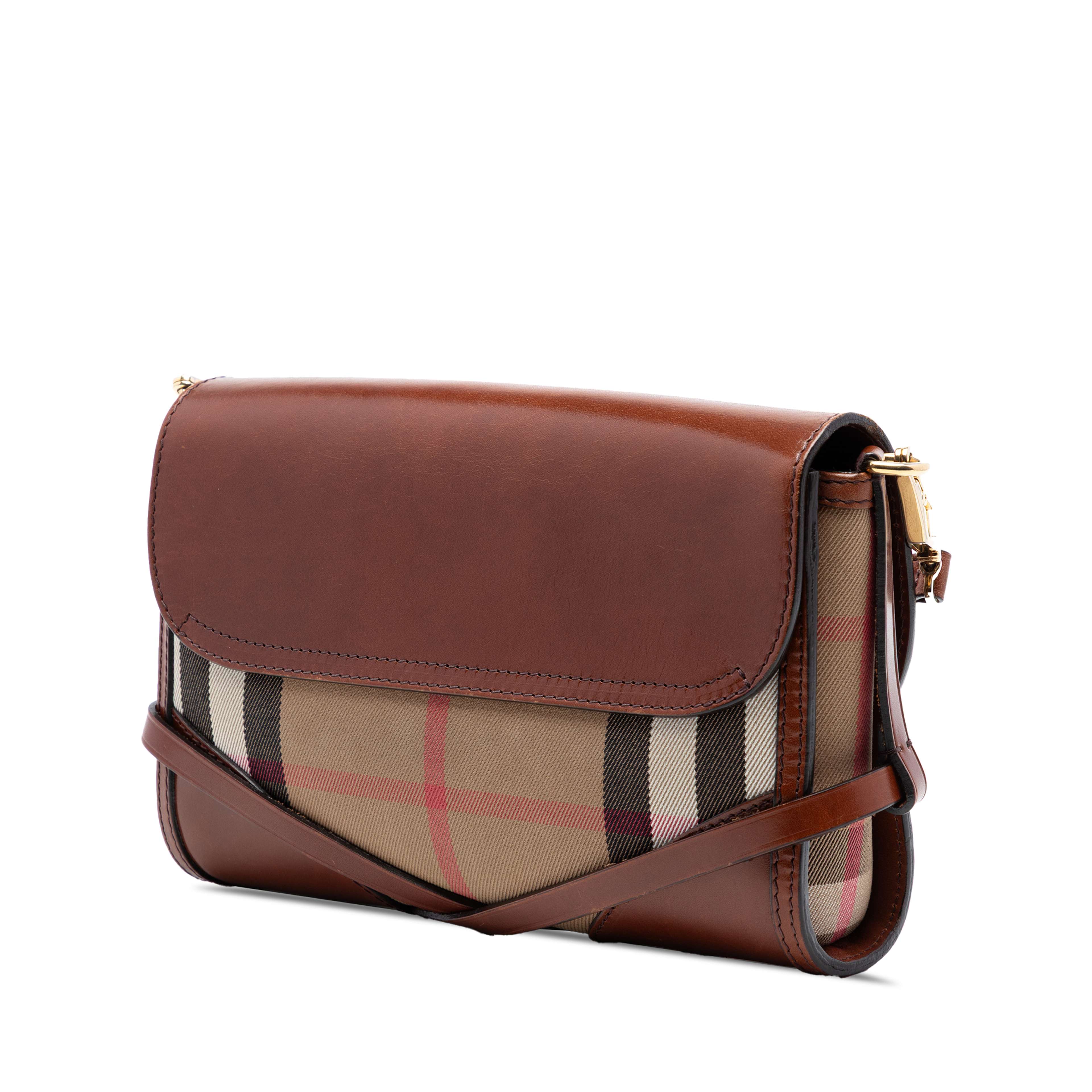 Burberry Leather And House Check Canvas Bridle Abbott Crossbody, från Luxclusif, i färgen brown. Klicka för att öppna bilden i stort format