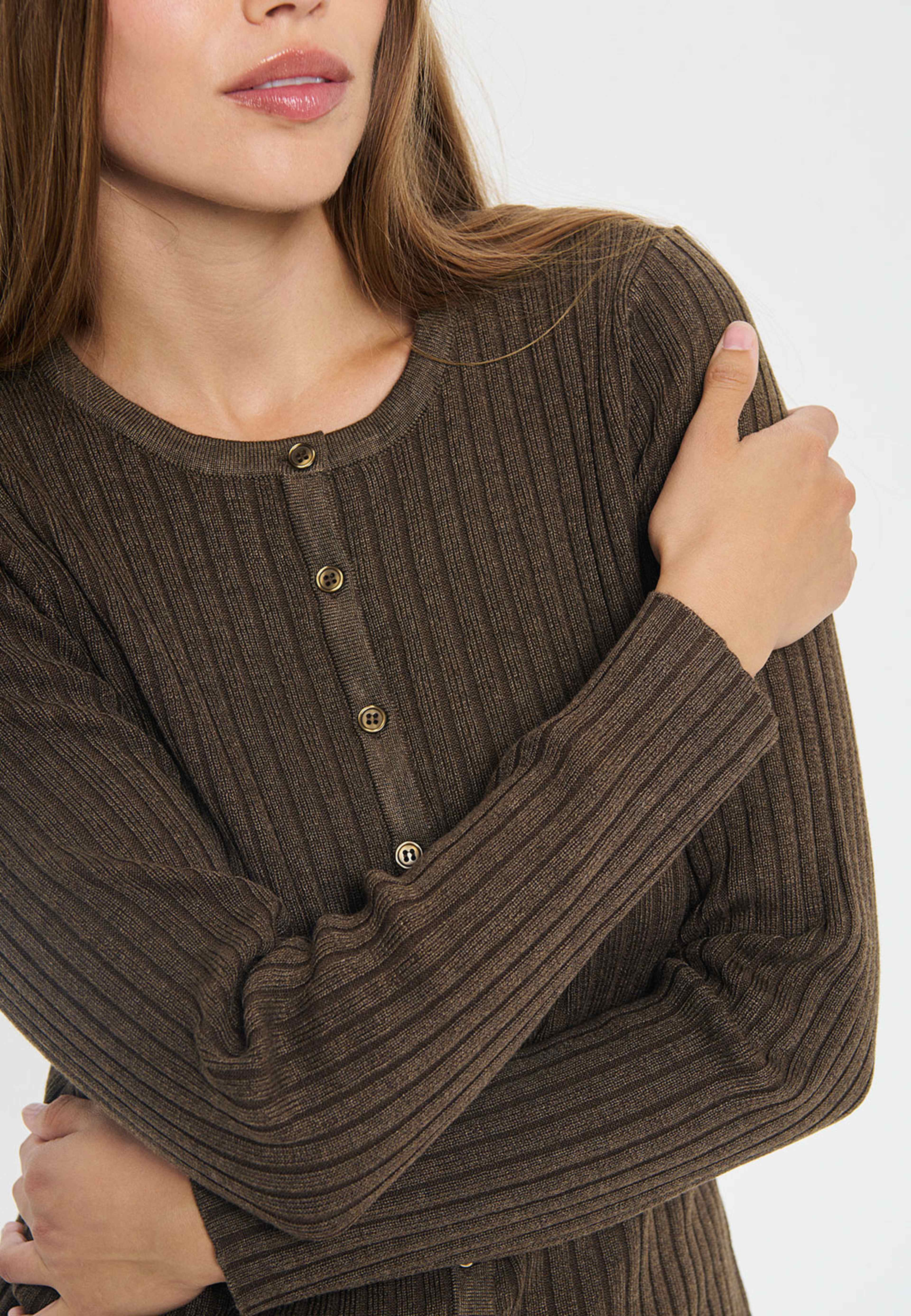 Mila SZ R-N Rib Cardigan, från Saint Tropez, i färgen Major Brown Melange. Klicka för att öppna bilden i stort format