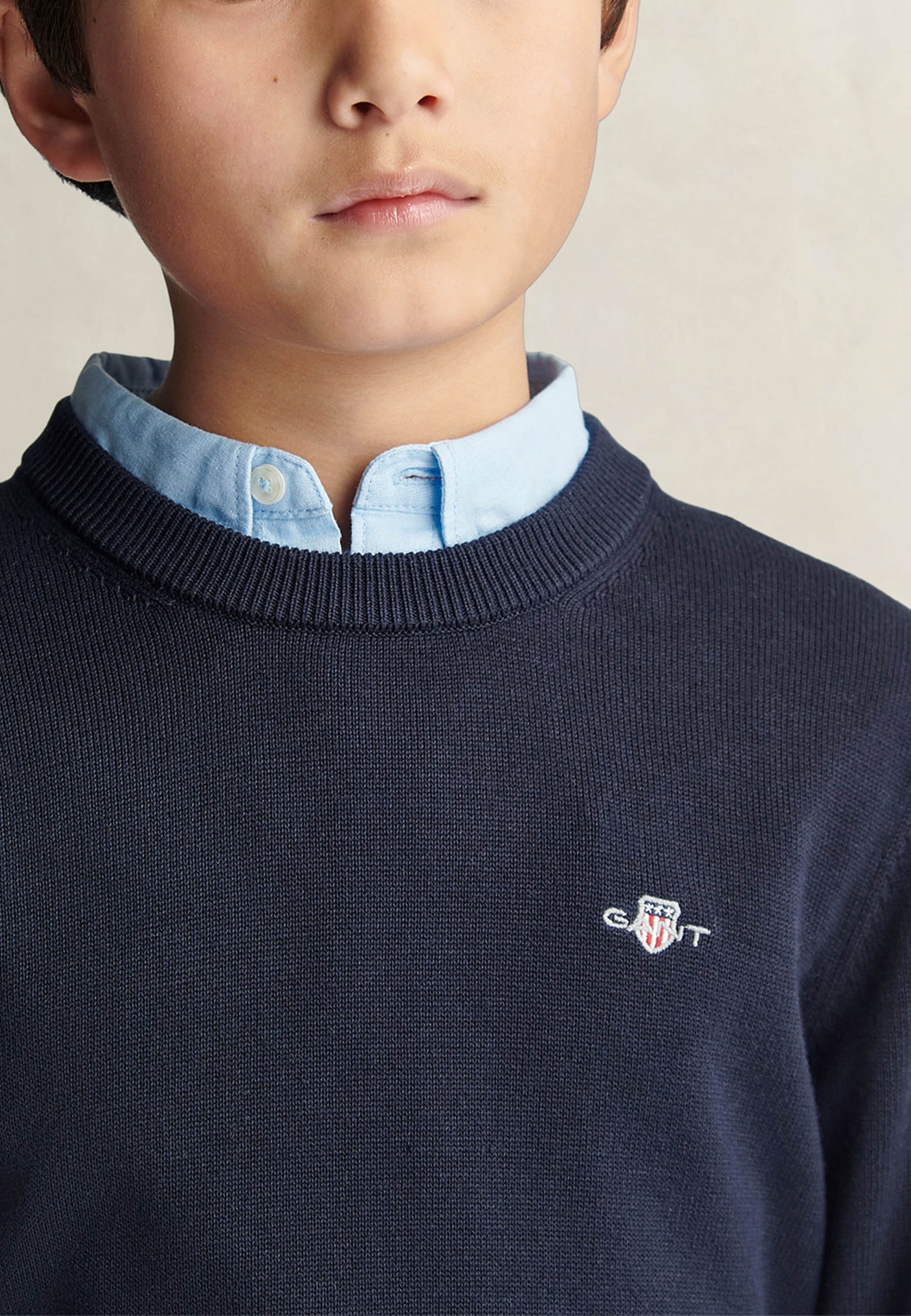 Shield Cotton Crew Neck Sweater, från GANT, i färgen Evening Blue. Klicka för att öppna bilden i stort format