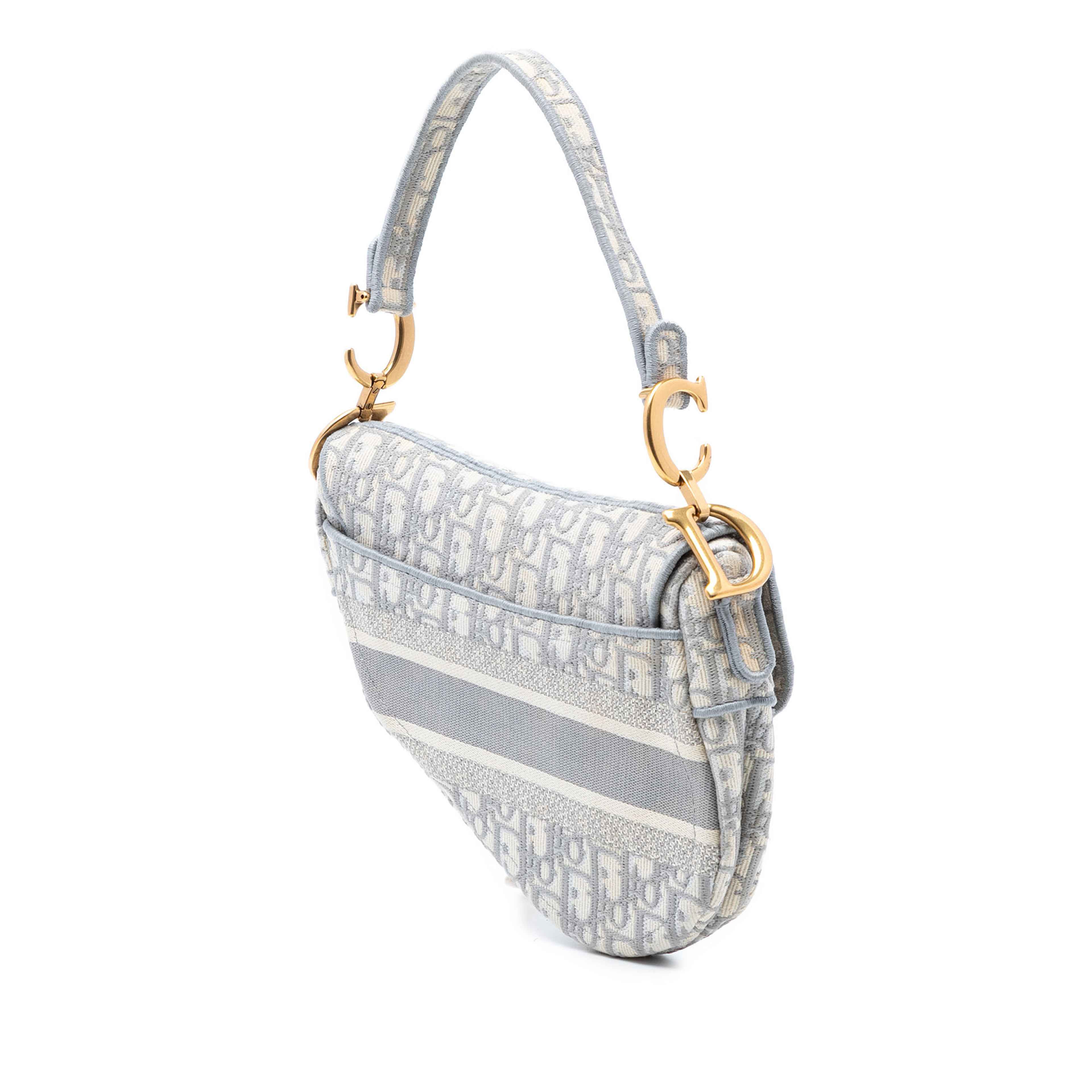 Dior Oblique Embroidered Canvas Saddle Bag, från Luxclusif, i färgen light gray. Klicka för att öppna bilden i stort format