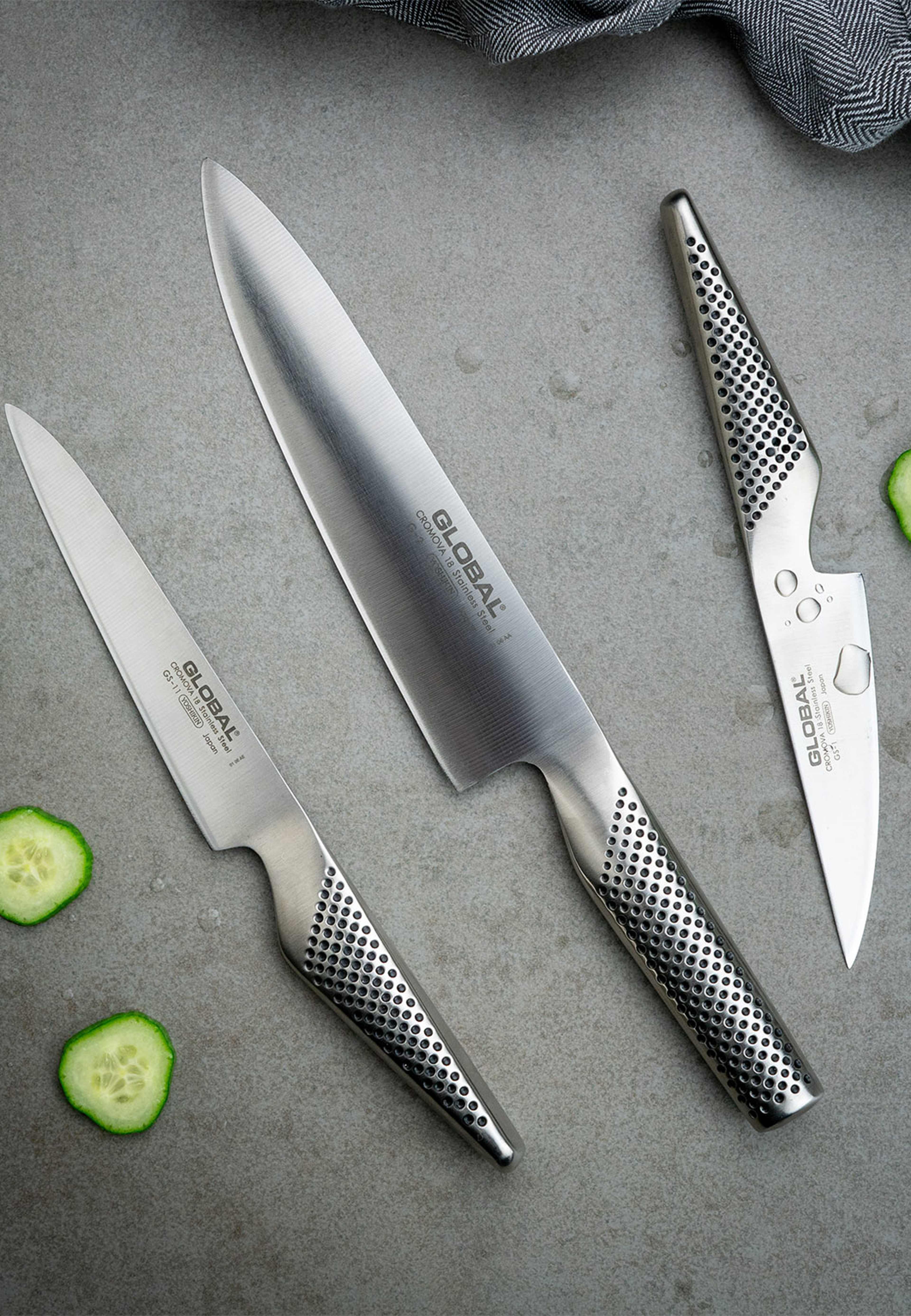 Knivset 3-delar G-2, GS-1, GS-11, från Global, i färgen Rostfri. Klicka för att öppna bilden i stort format