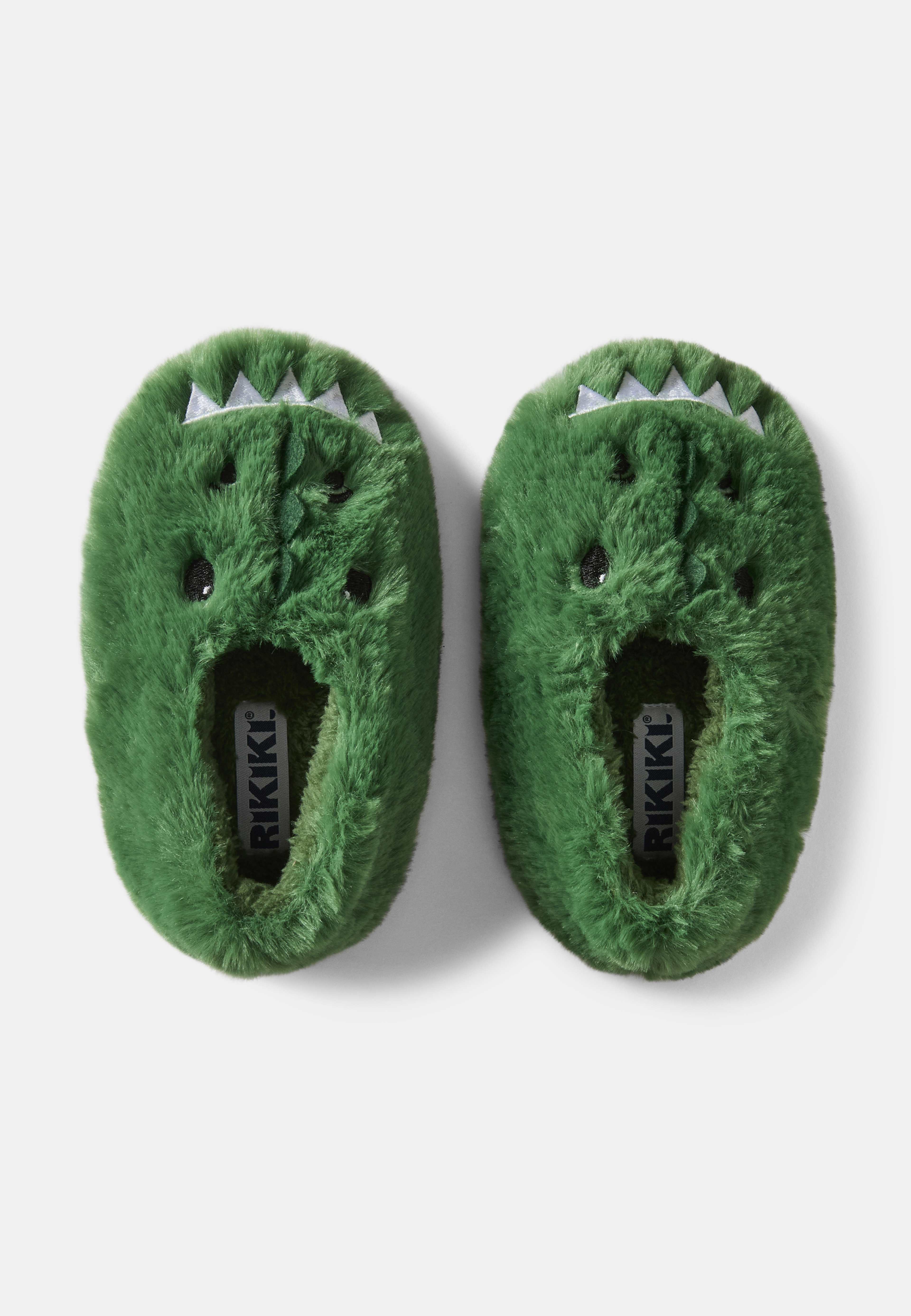 Dinosaurietofflor, från RIKIKI, i färgen Dino. Klicka för att öppna bilden i stort format
