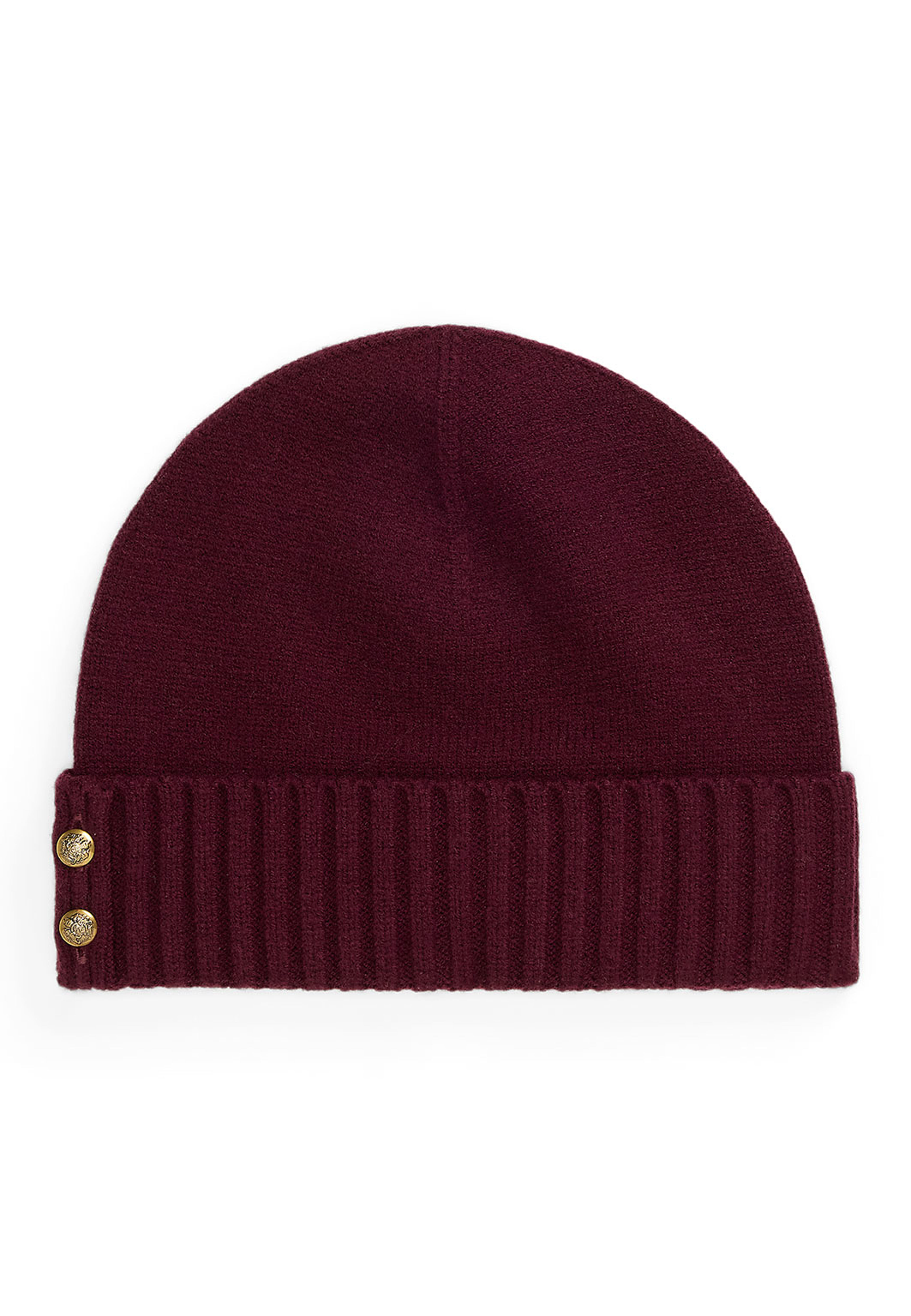 Button-Trim Knit Beanie, från Lauren Ralph Lauren, i färgen Dark Garnet. Klicka för att öppna bilden i stort format