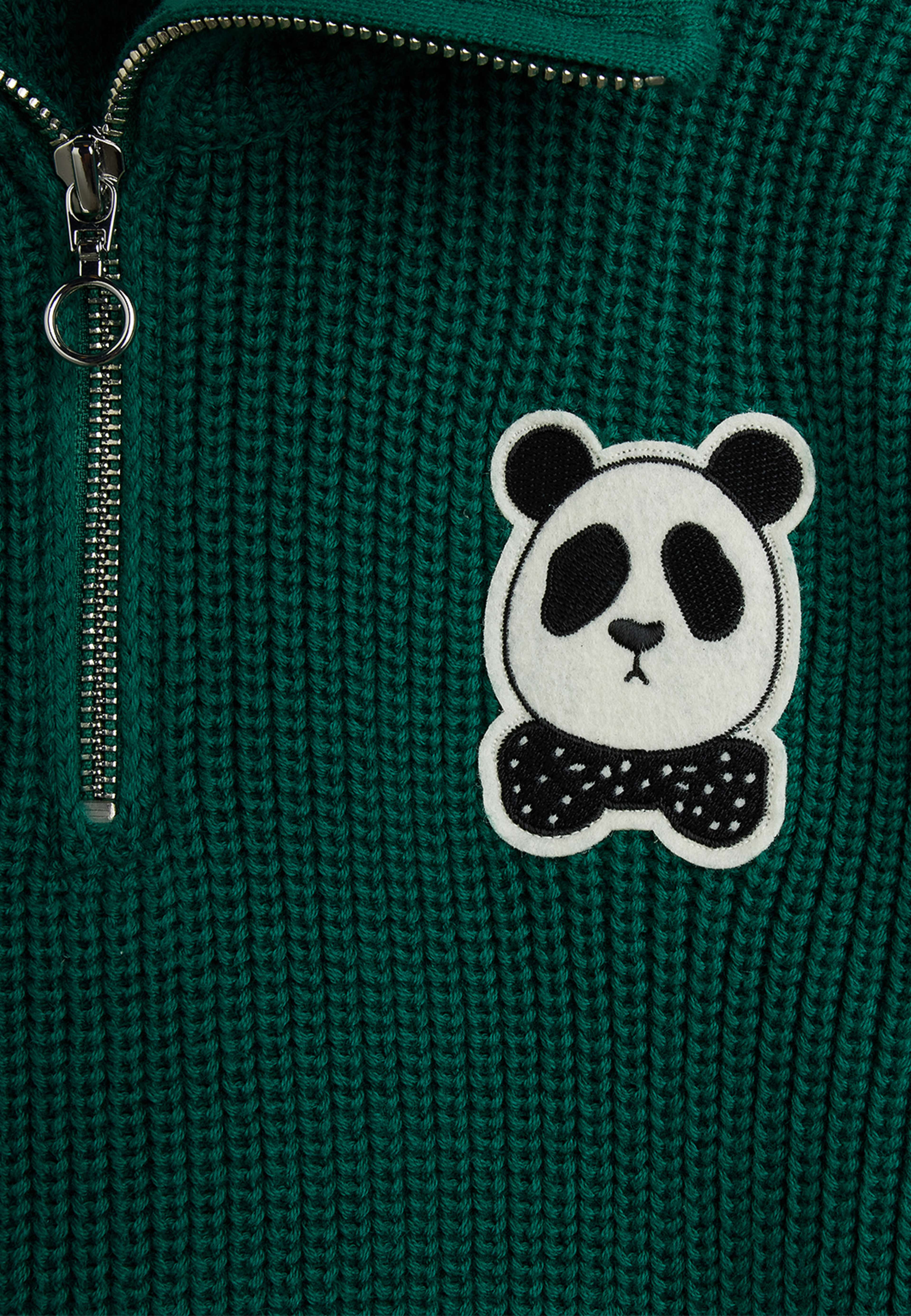 Panda patch chunky knit half zip sweater, från Mini Rodini, i färgen Green. Klicka för att öppna bilden i stort format