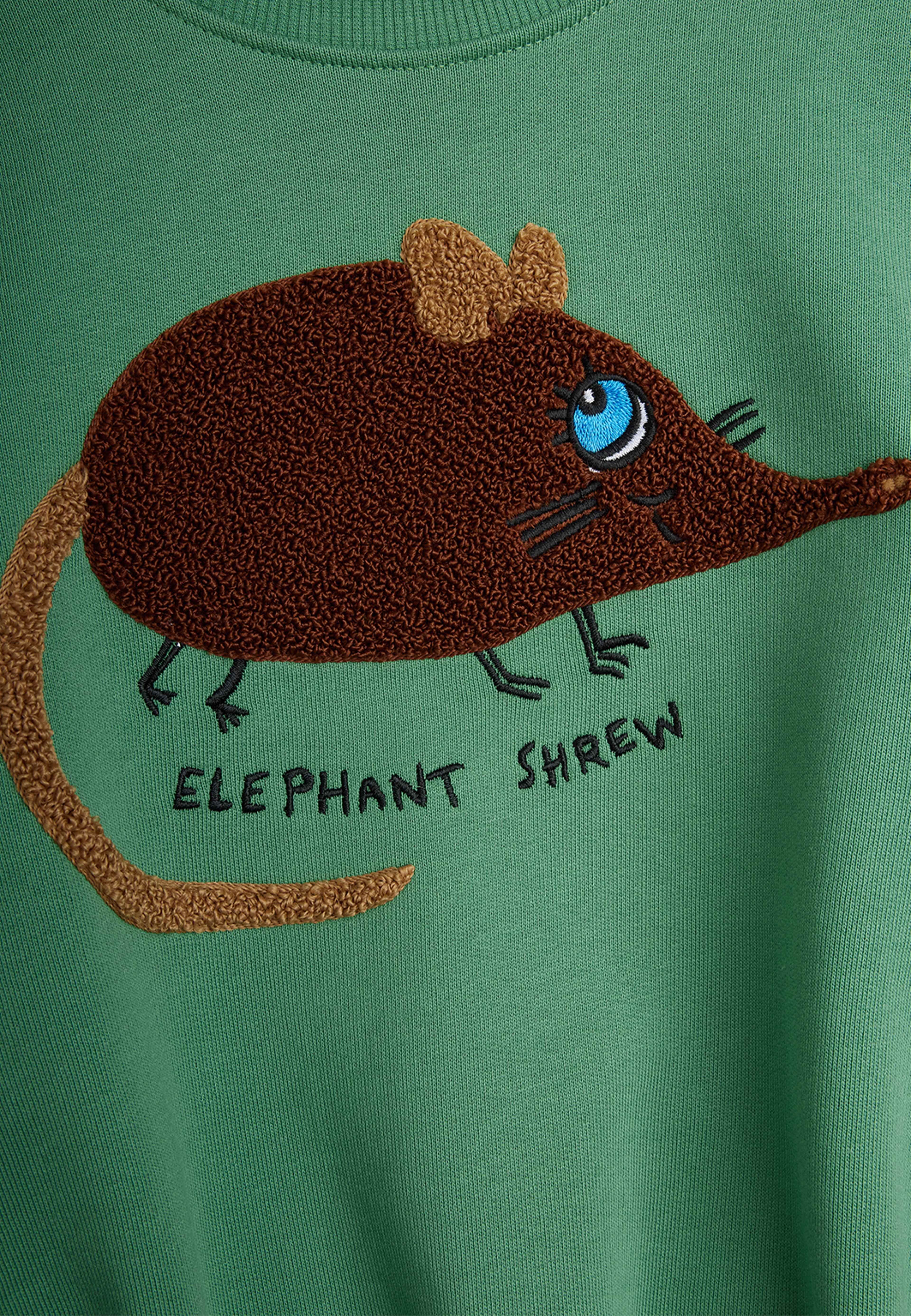 Elephant shrew chenille sweatshirt, från Mini Rodini, i färgen Green. Klicka för att öppna bilden i stort format