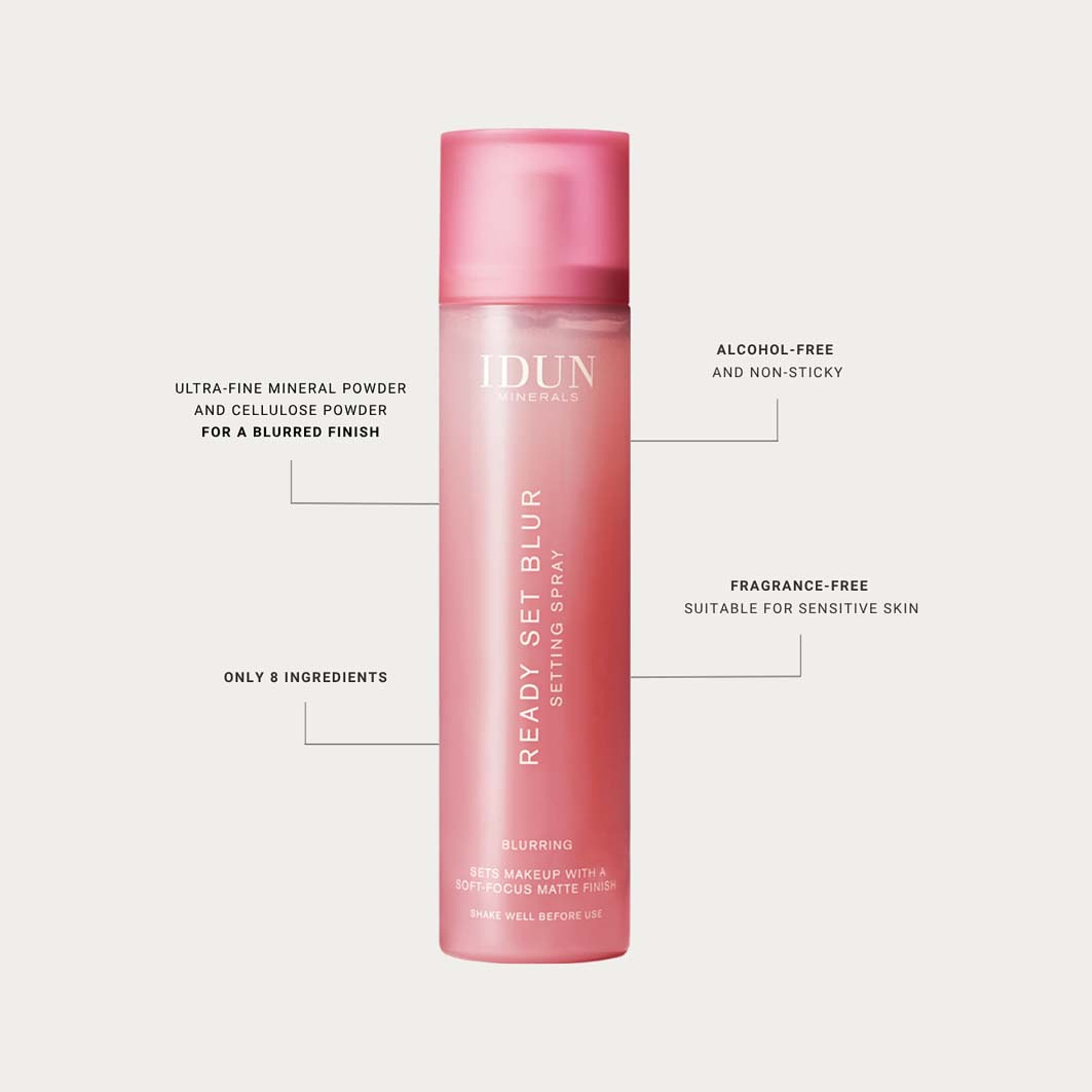 Ready Set Blur Setting Spray, från IDUN Minerals, i färgen Blur. Klicka för att öppna bilden i stort format