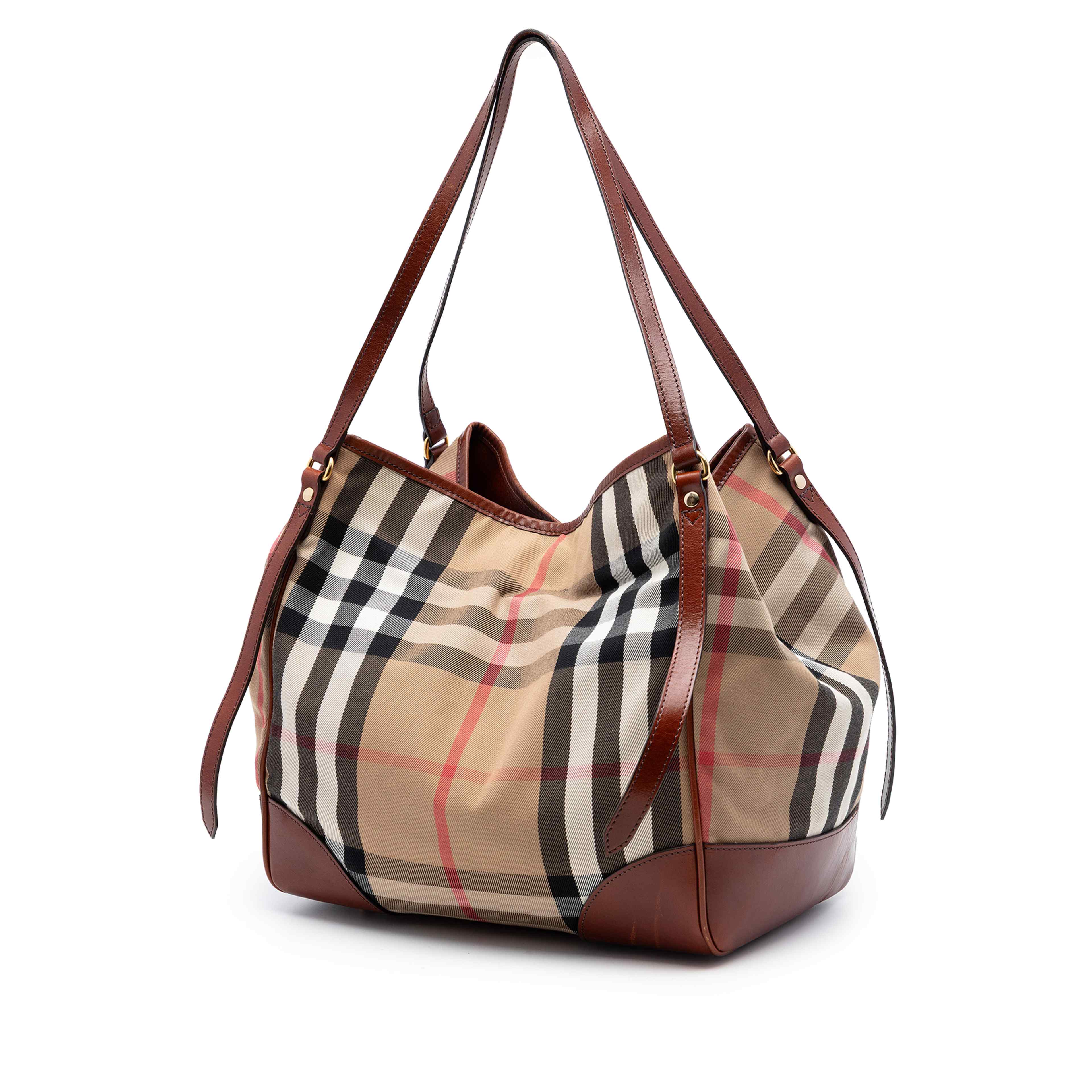 Burberry Small House Check Canvas Bridle Canterbury Tote, från Luxclusif, i färgen brun. Klicka för att öppna bilden i stort format
