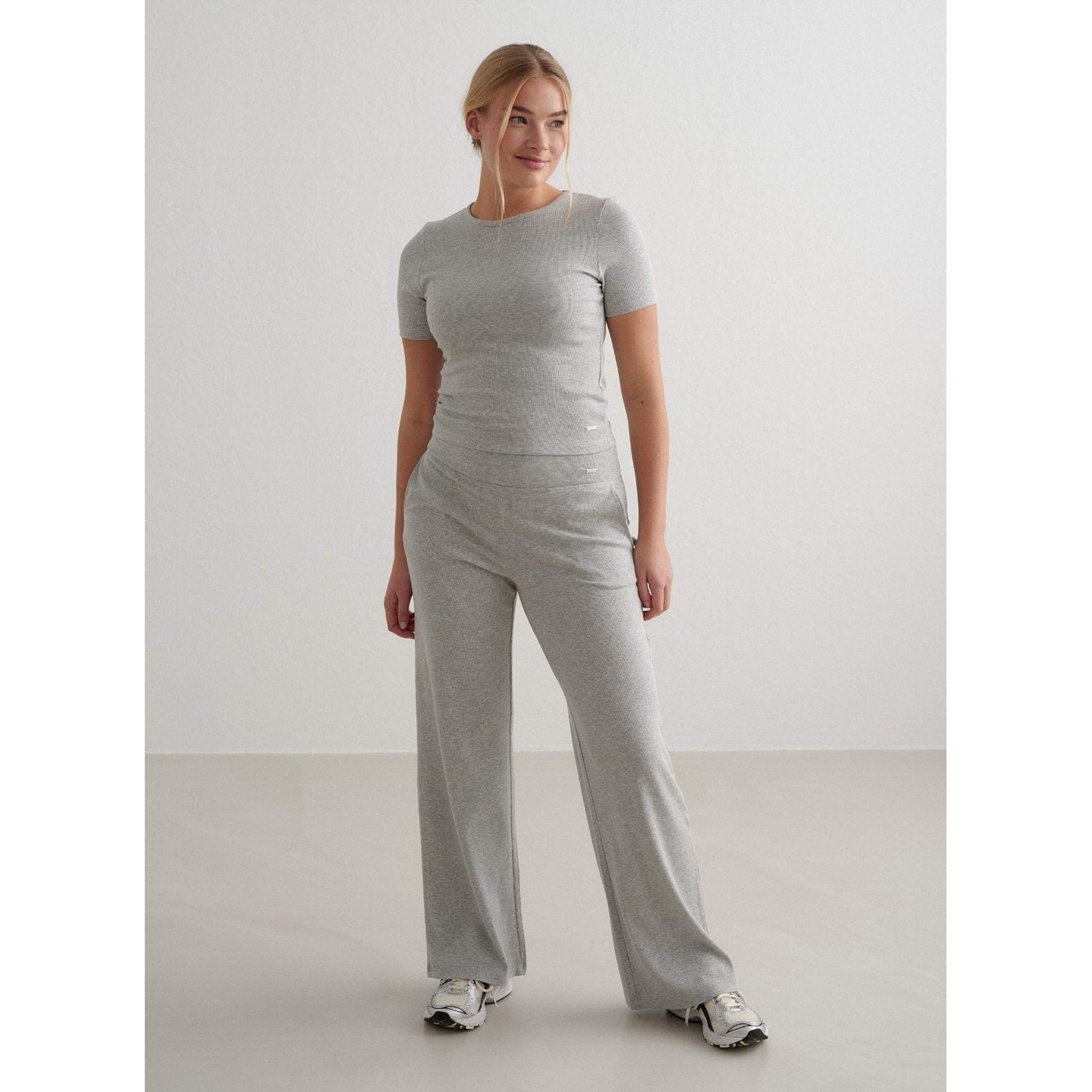 Grey Melange Ease Ribbed Wide Pants