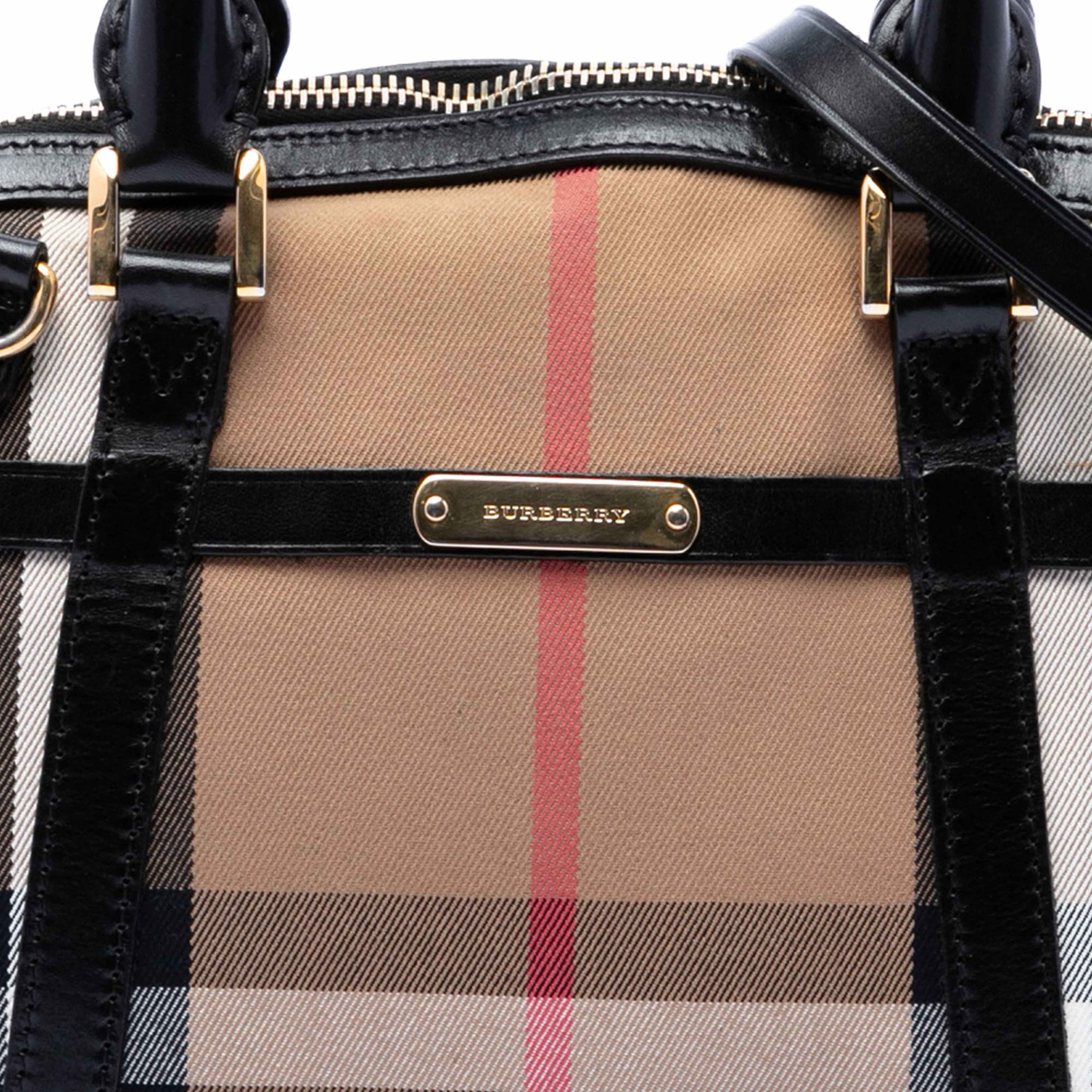 Burberry Small Leather Trimmed House Check Canvas Bridle Orchard Satchel, från Luxclusif, i färgen brun. Klicka för att öppna bilden i stort format