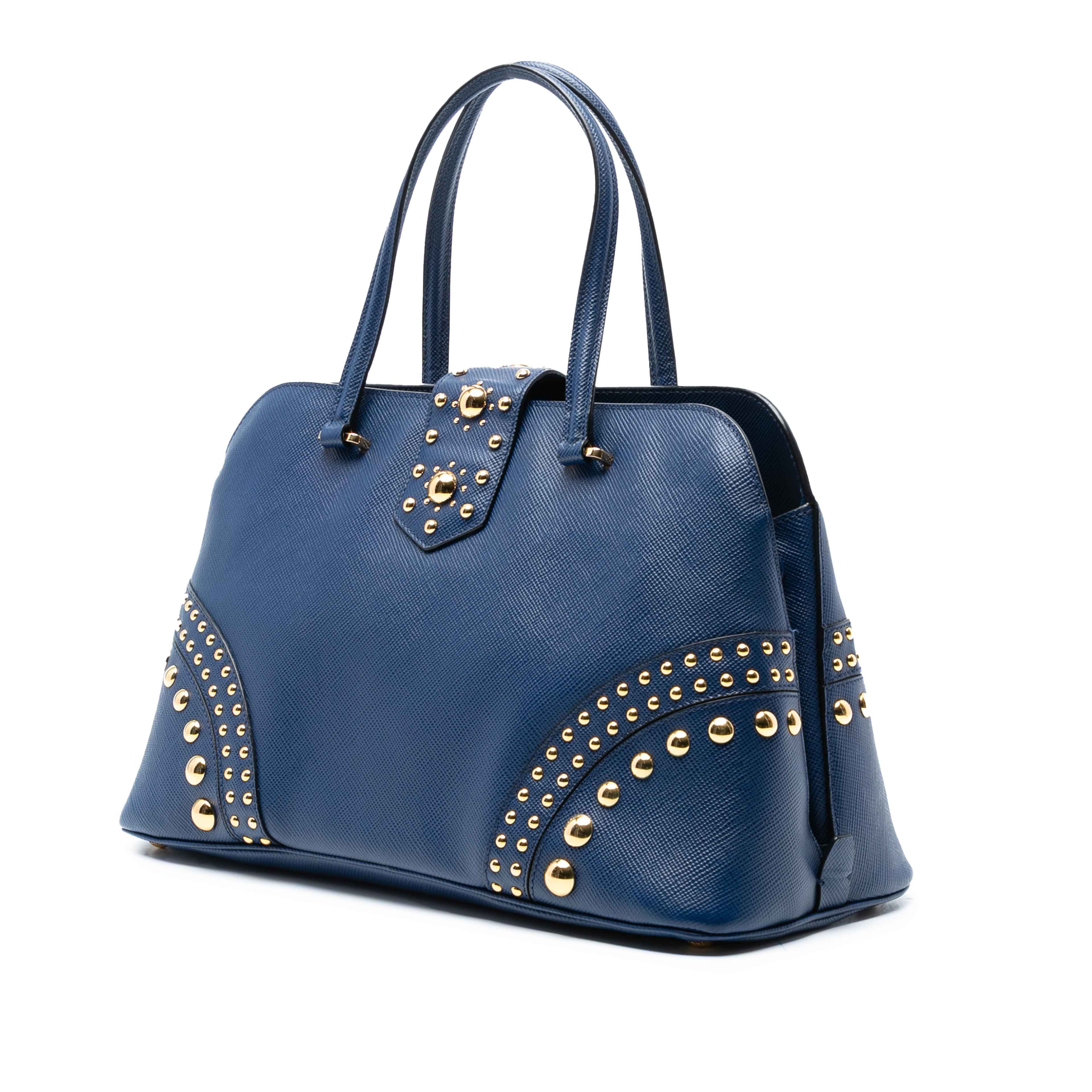 Prada Studded Saffiano Cuir Promenade Satchel, från Luxclusif, i färgen dark blue. Klicka för att öppna bilden i stort format
