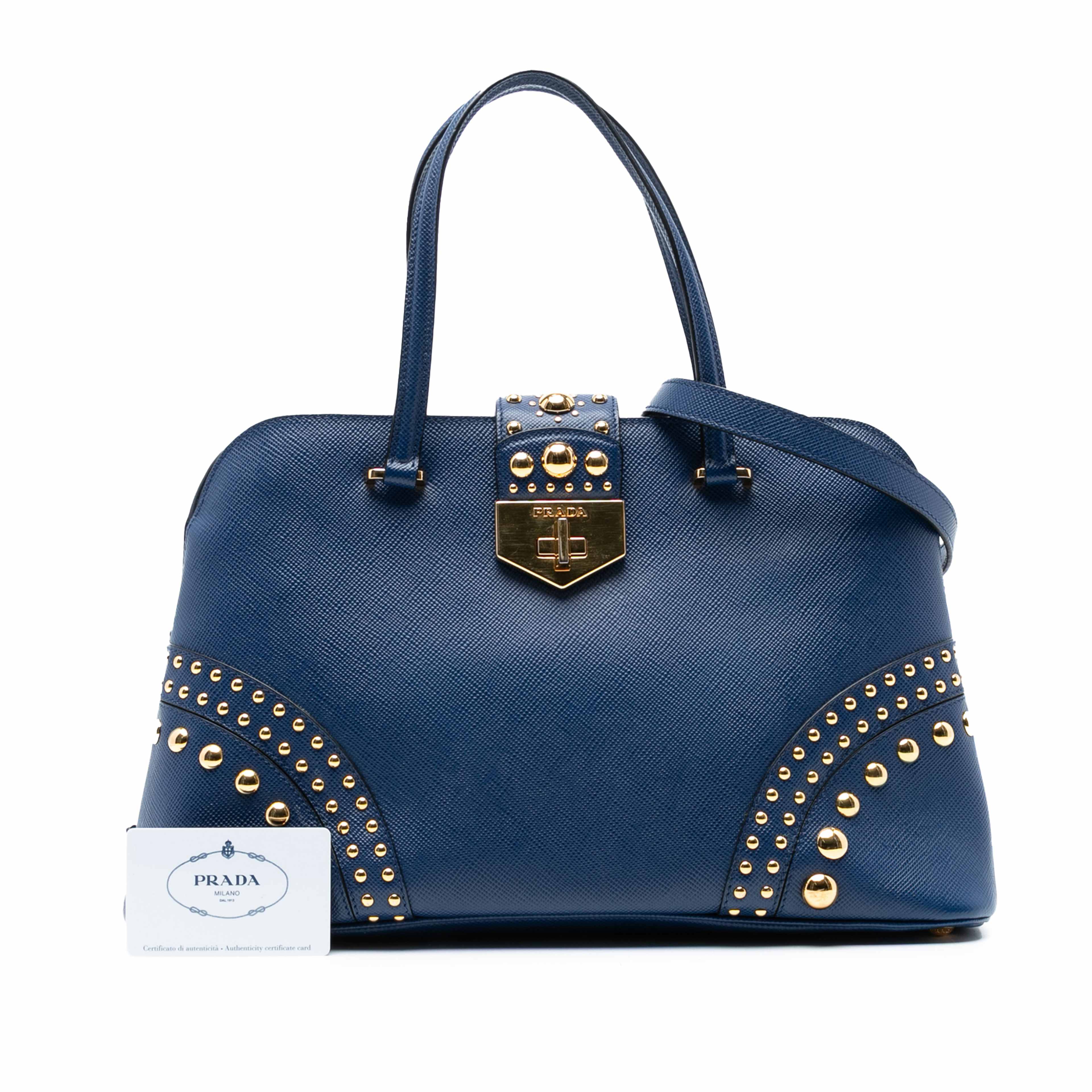 Prada Studded Saffiano Cuir Promenade Satchel, från Luxclusif, i färgen blå. Klicka för att öppna bilden i stort format