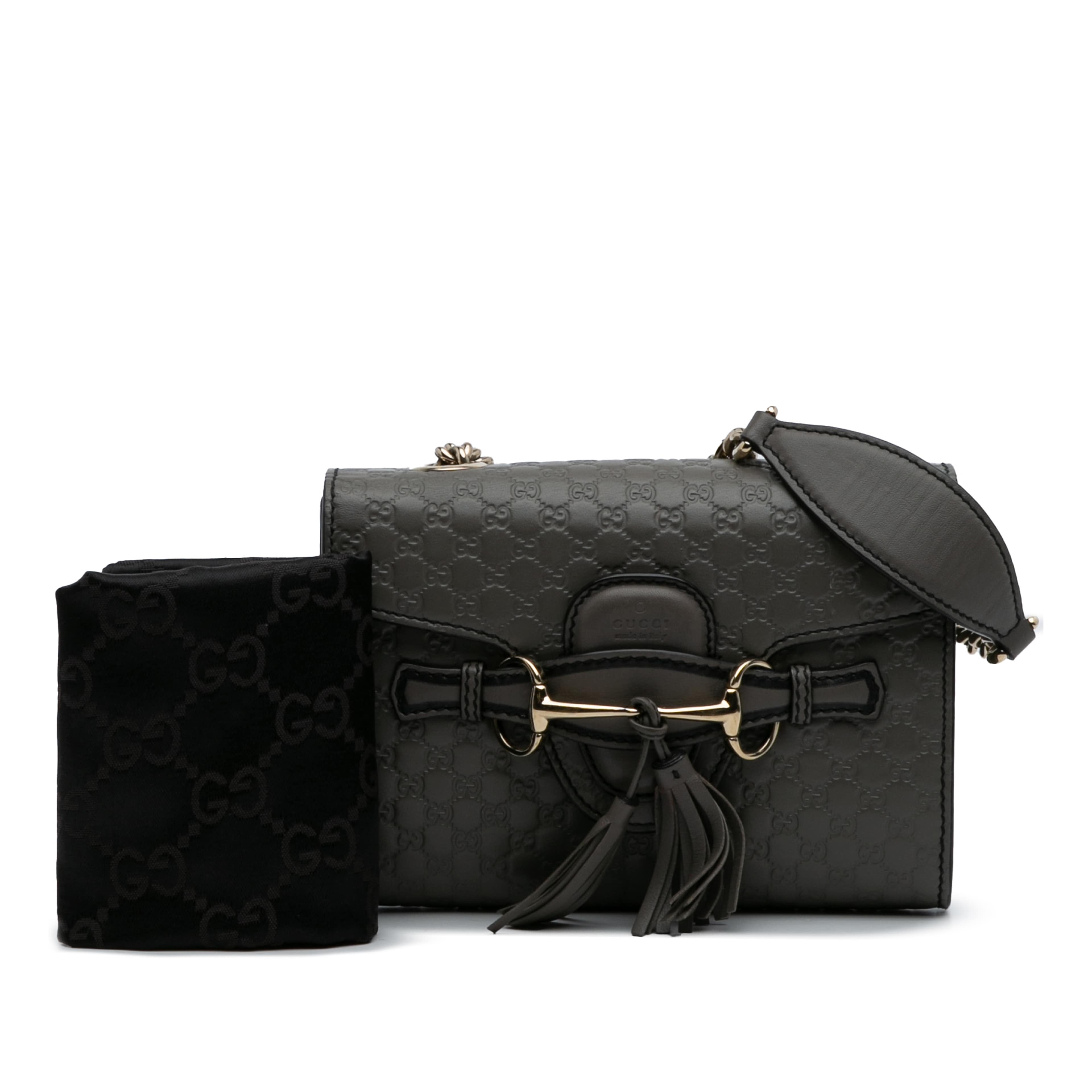 Gucci Mini Microguccissima Emily Crossbody, från Luxclusif, i färgen grå. Klicka för att öppna bilden i stort format