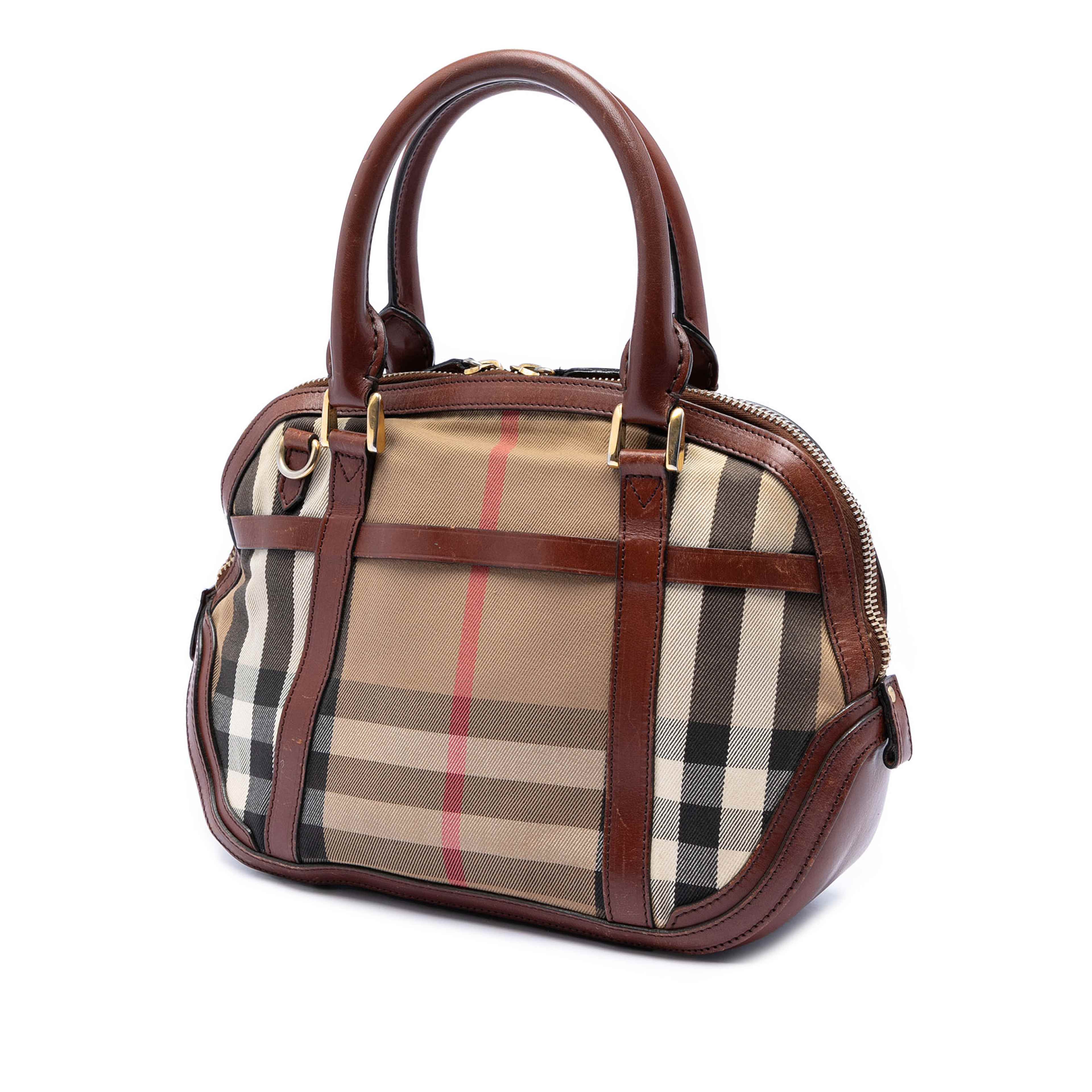 Burberry Small Leather Trimmed House Check Canvas Bridle Orchard Satchel, från Luxclusif, i färgen light brown. Klicka för att öppna bilden i stort format
