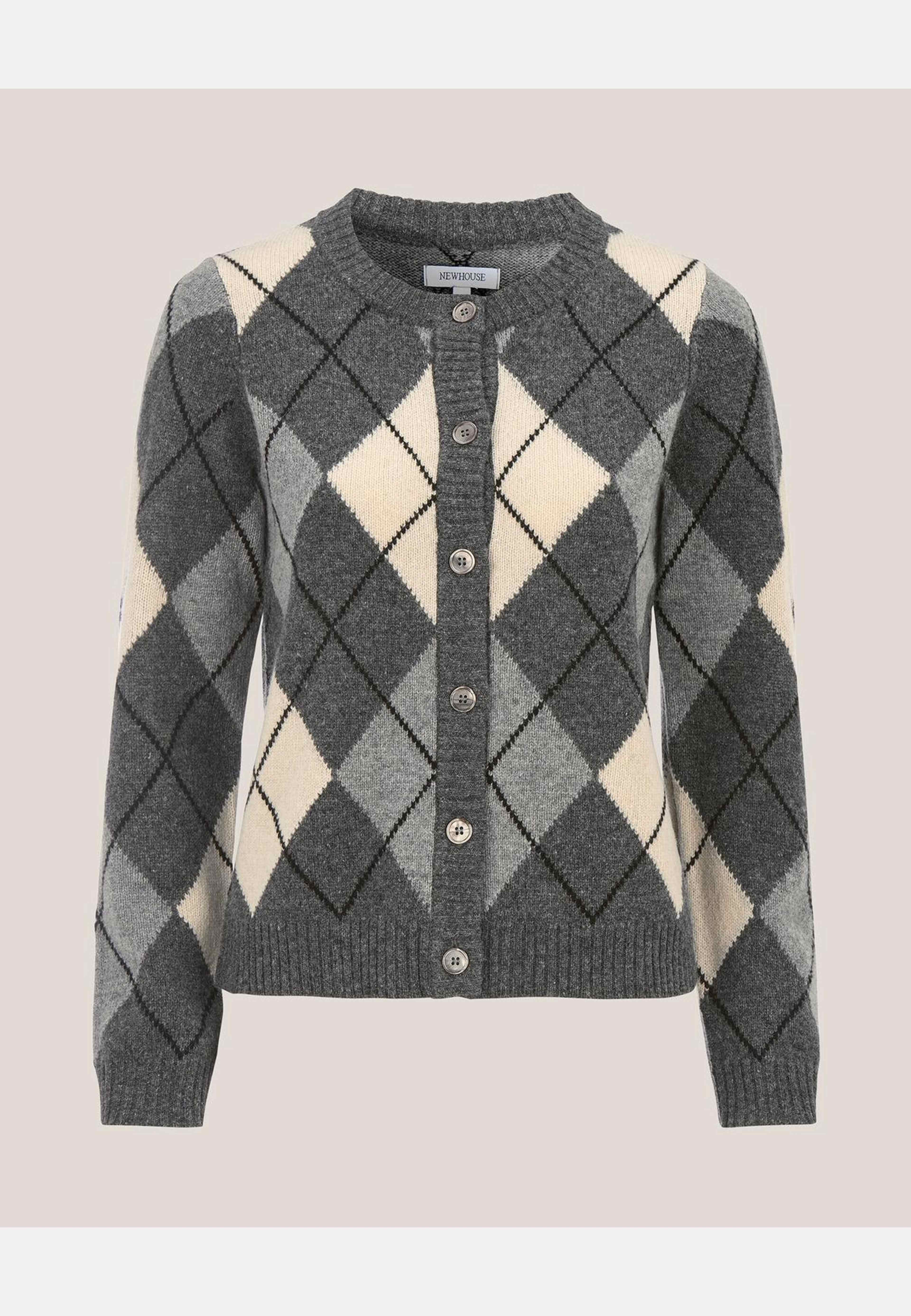 Cardigan Khaite Argyle, från Newhouse, i färgen mörkgrå. Klicka för att öppna bilden i stort format