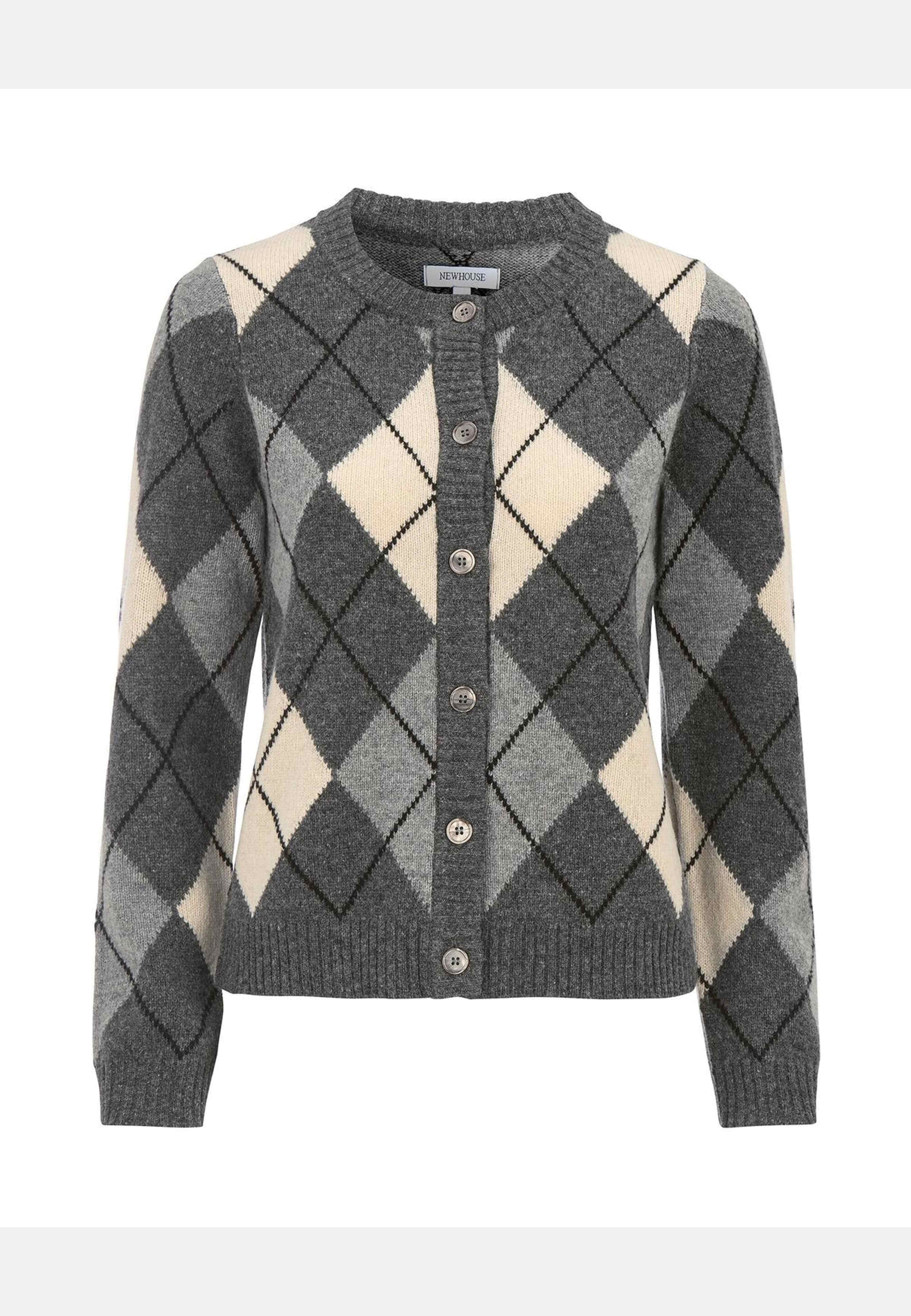 Cardigan Khaite Argyle, från Newhouse, i färgen mörkgrå. Klicka för att öppna bilden i stort format