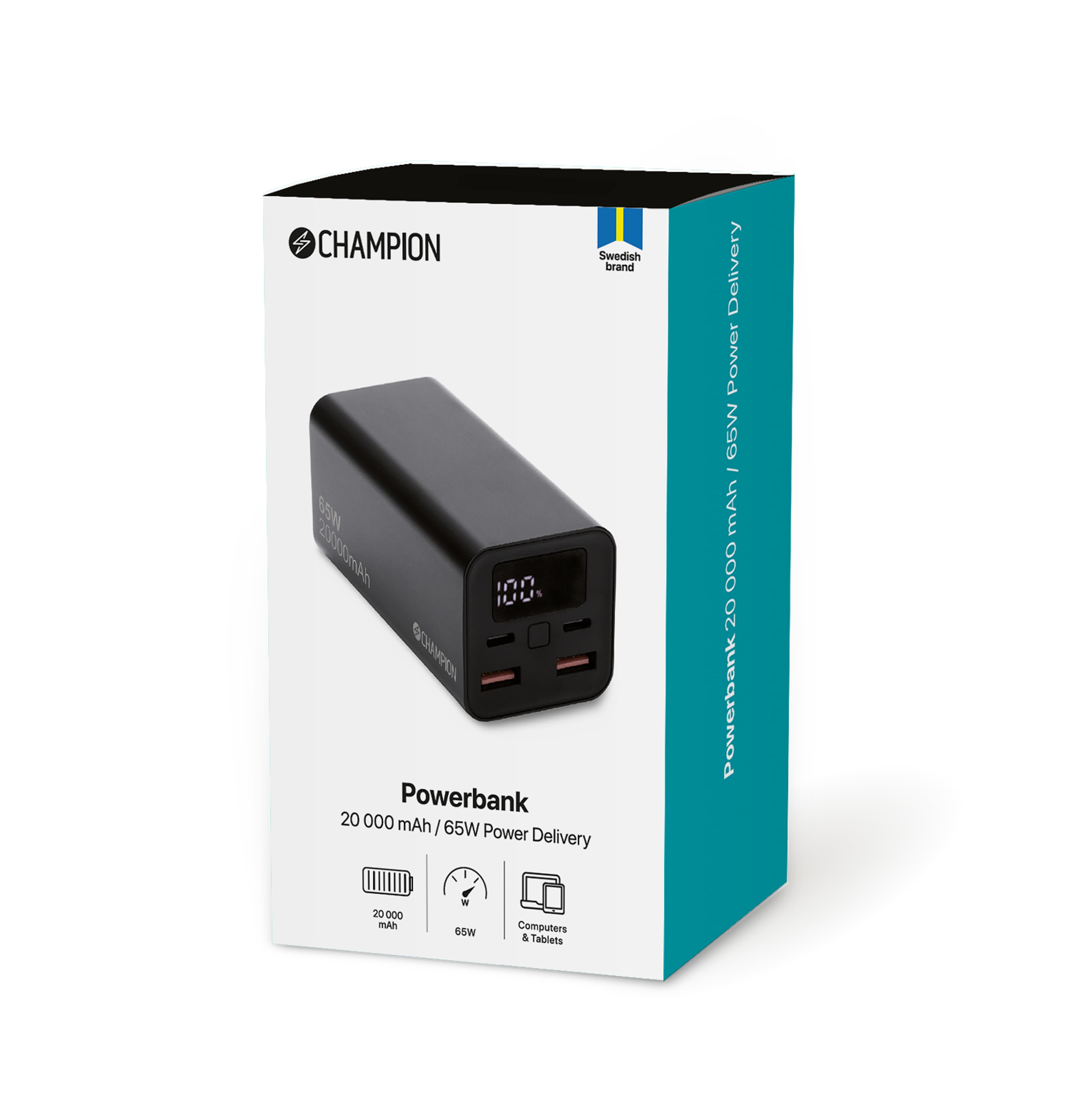 Powerbank 20.000 Mah 65w Pd, från Champion Nordic, i färgen svart. Klicka för att öppna bilden i stort format