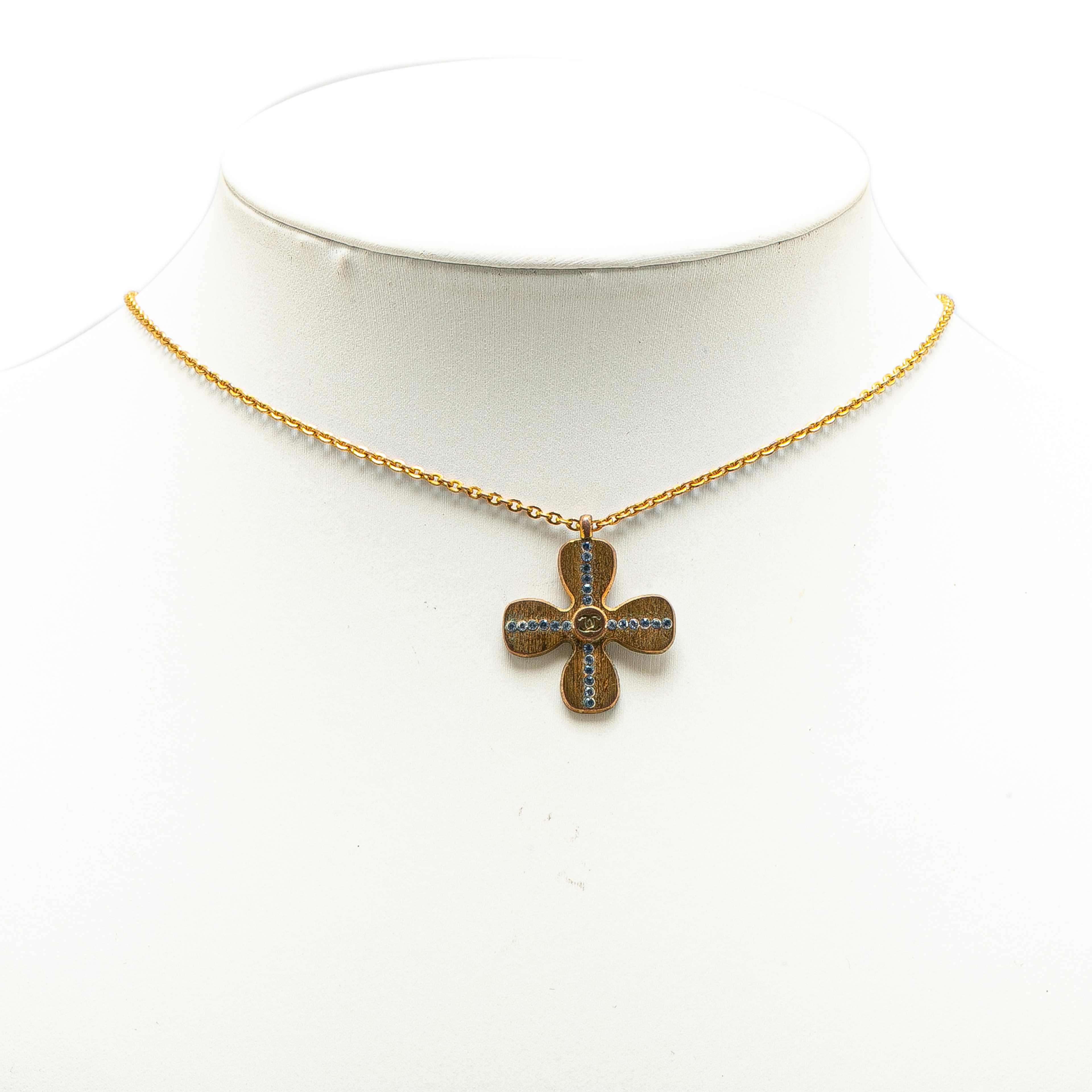 Chanel Gold Plated Rhinestones Clover Pendant Necklace