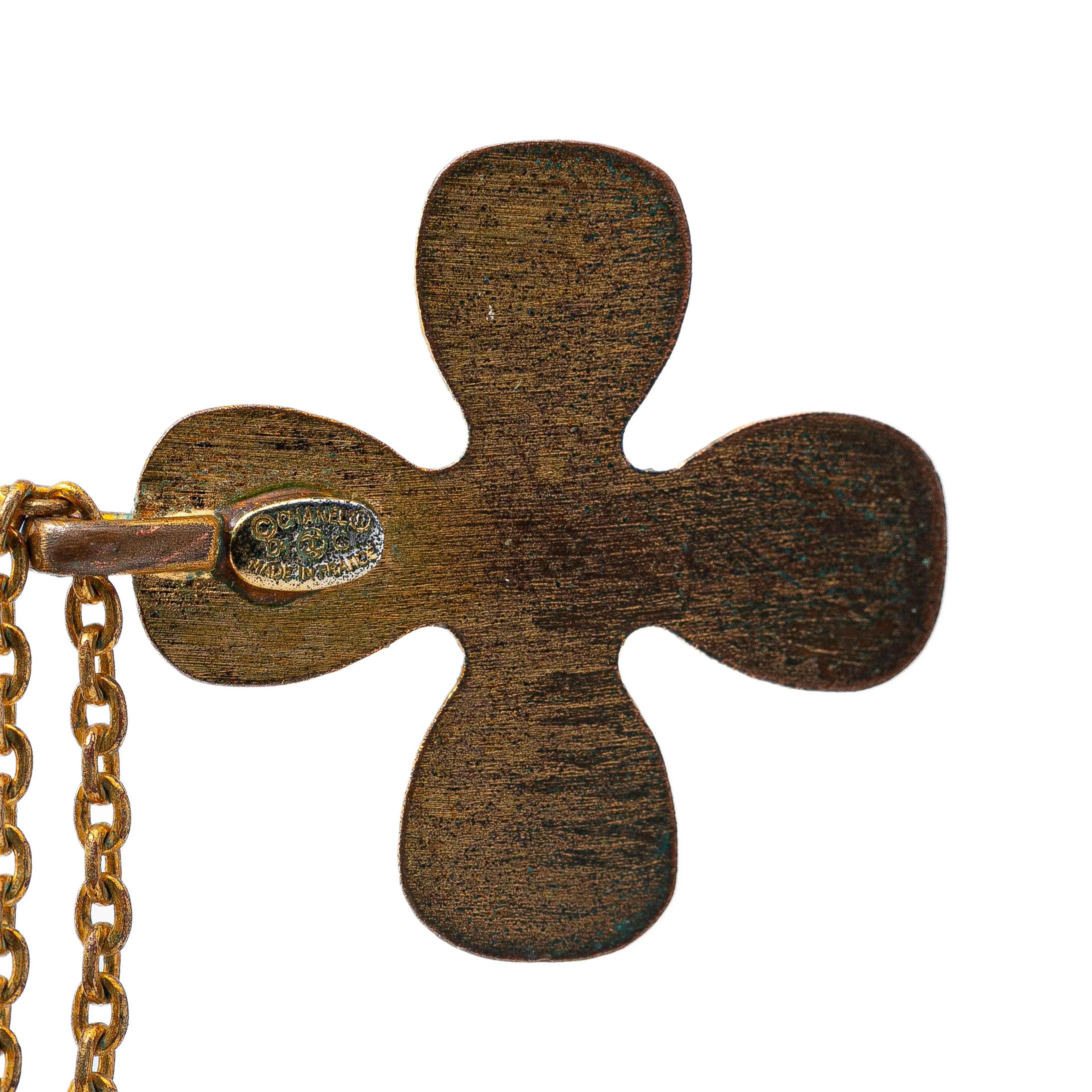 Chanel Gold Plated Rhinestones Clover Pendant Necklace