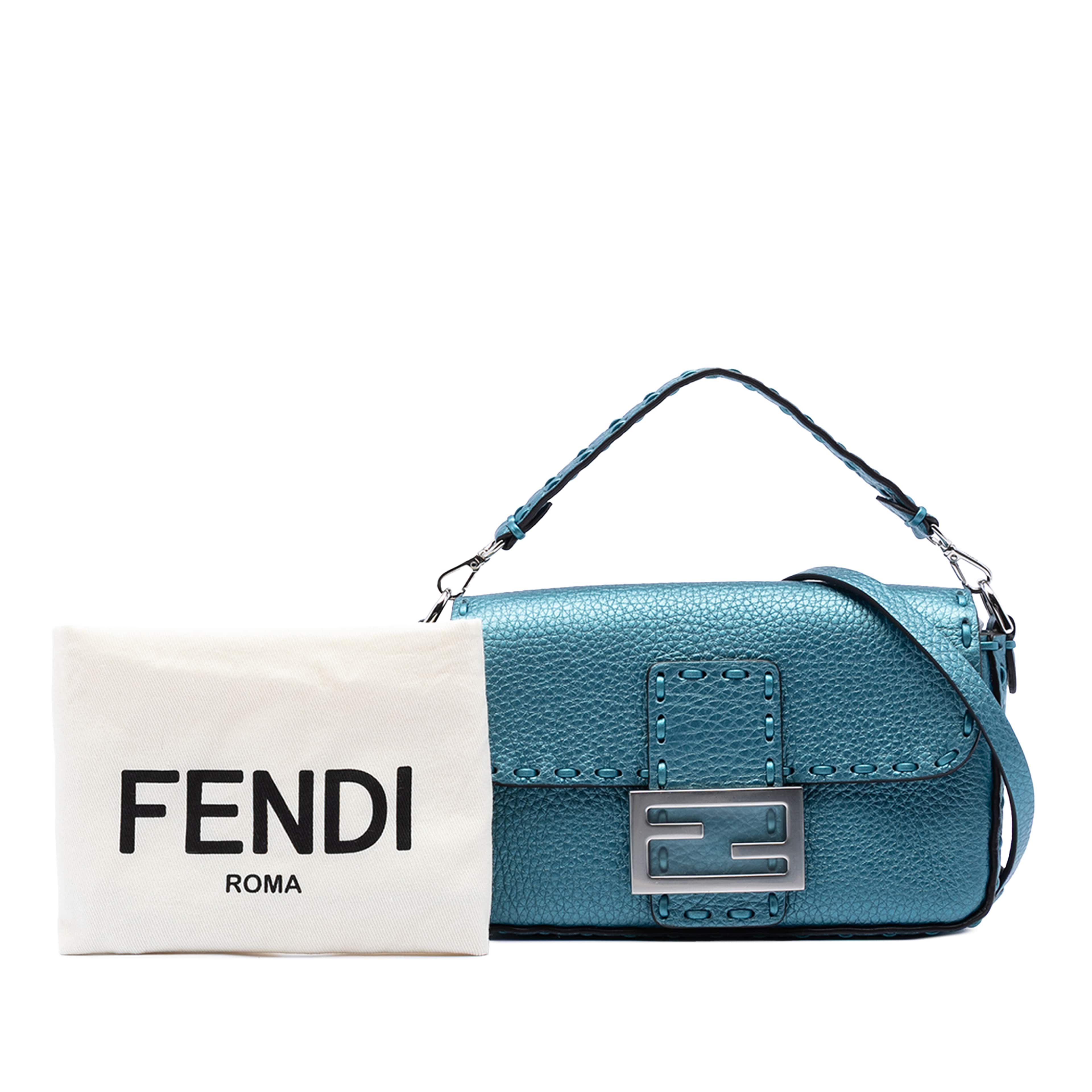 Fendi Mini Metallic Leather Selleria Baguette Satchel, från Luxclusif, i färgen blå. Klicka för att öppna bilden i stort format