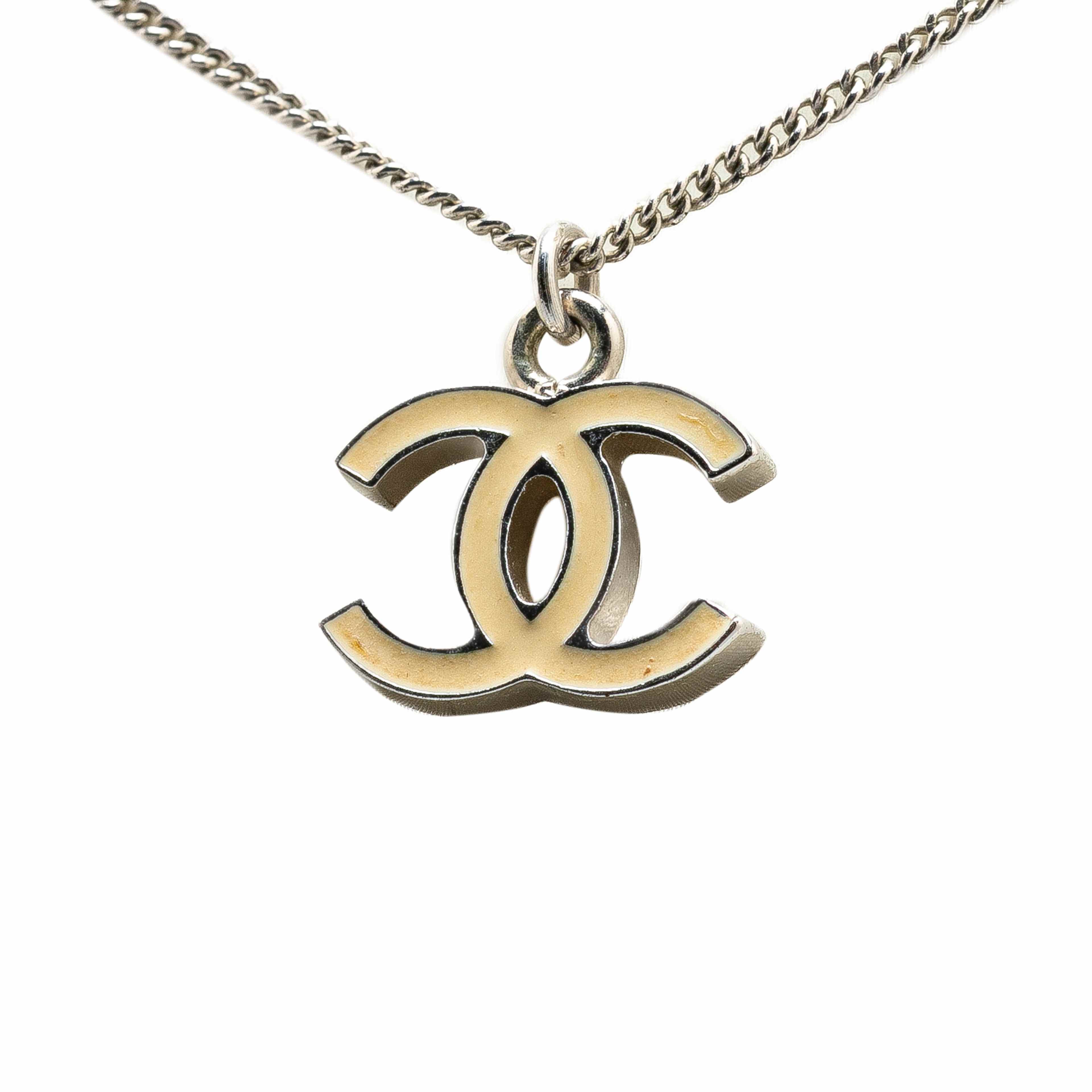 Chanel Silver Enamel Cc Pendant Necklace