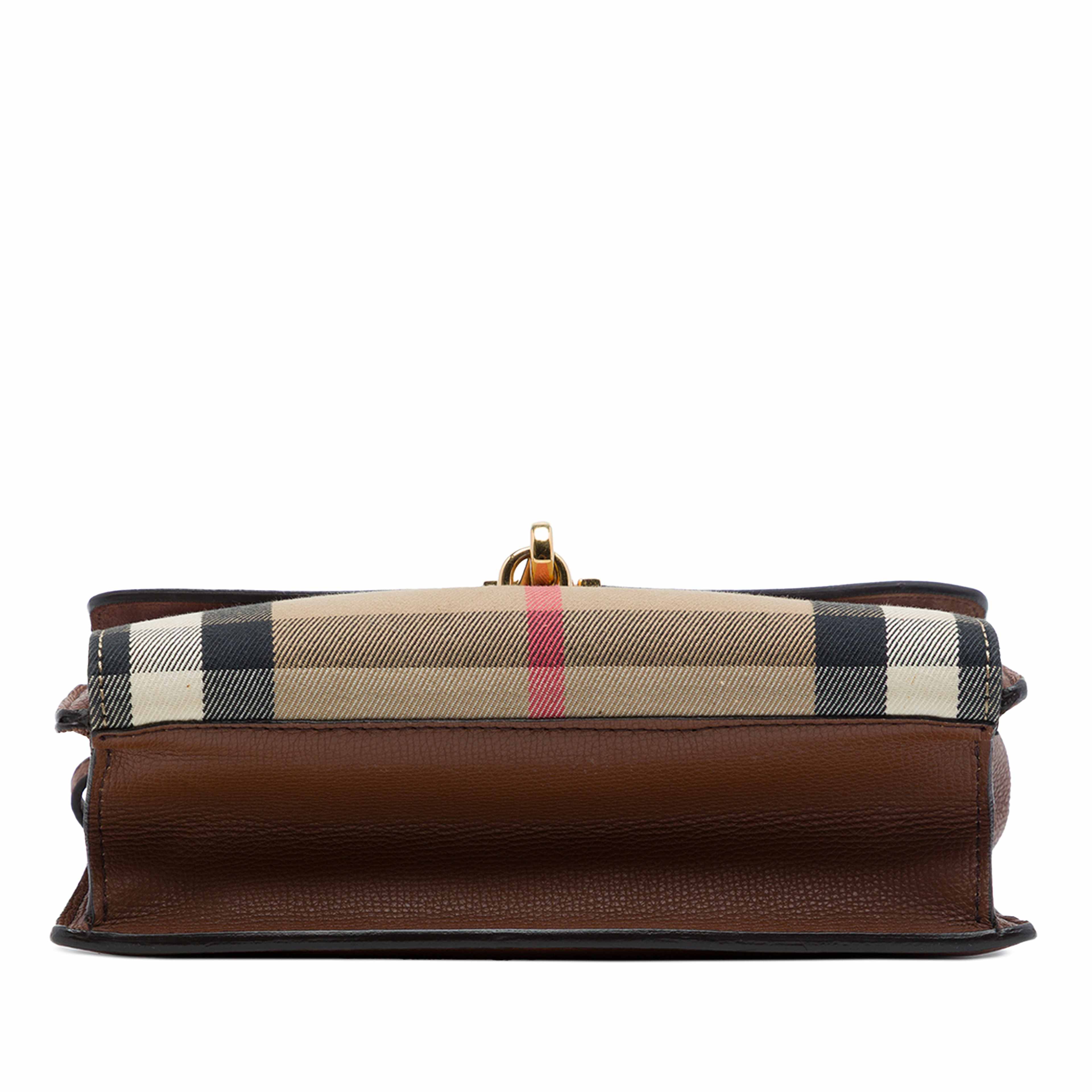 Burberry Small Leather And House Check Canvas Derby Macken Crossbody, från Luxclusif, i färgen brun. Klicka för att öppna bilden i stort format