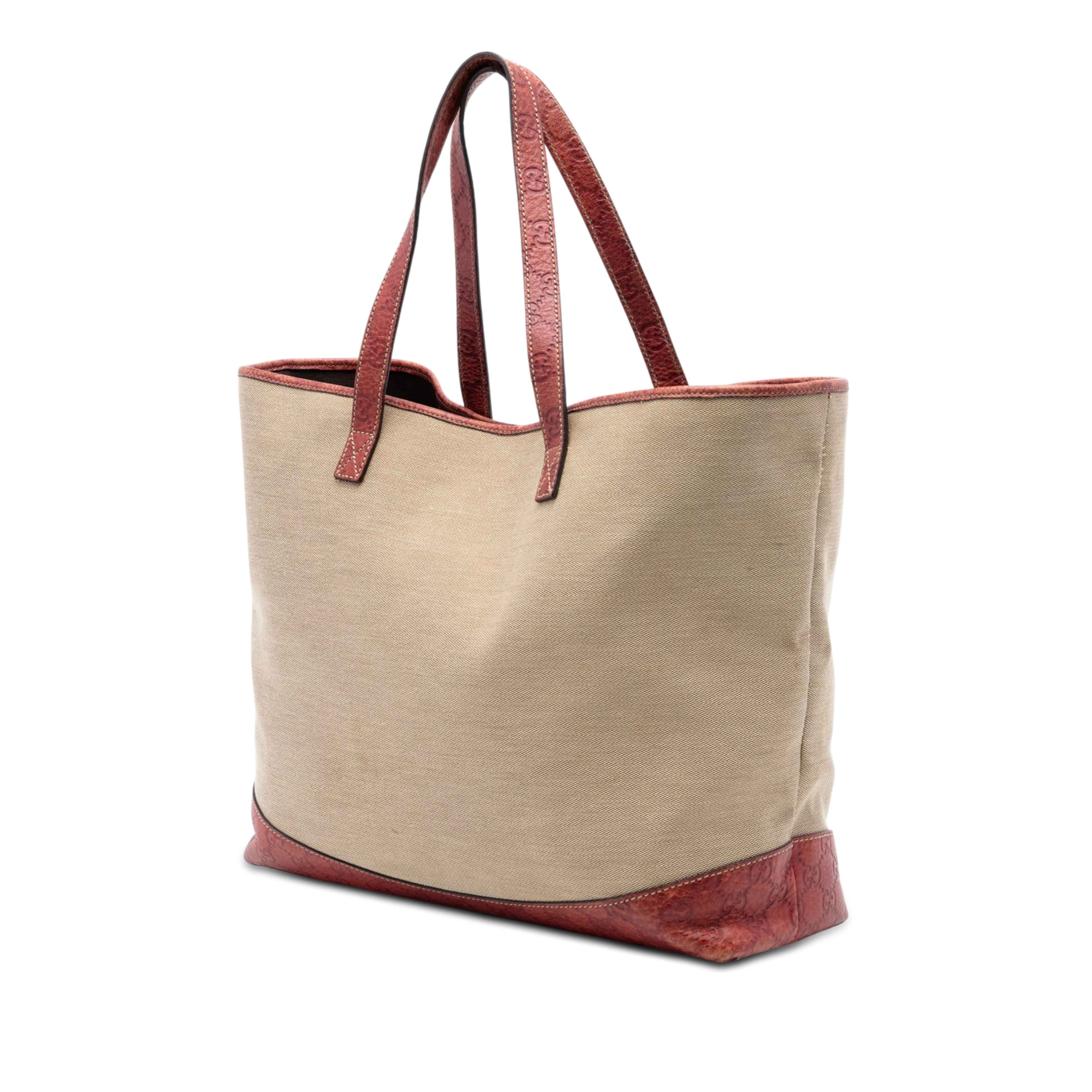 Gucci Guccissima Trimmed Canvas Tote, från Luxclusif, i färgen beige. Klicka för att öppna bilden i stort format