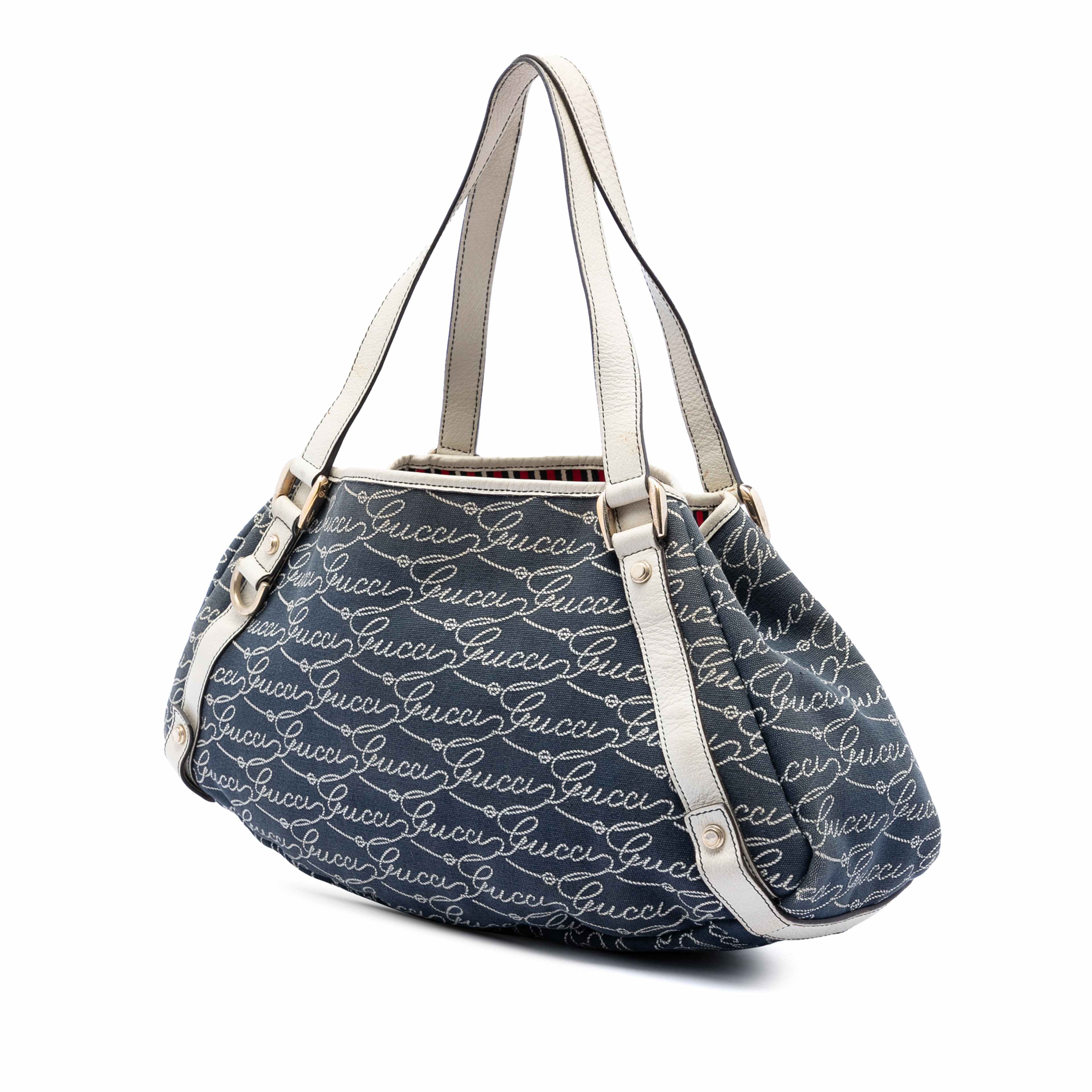 Gucci 85th Anniversary Canvas Logo Abbey D Ring Tote, från Luxclusif, i färgen dark blue. Klicka för att öppna bilden i stort format
