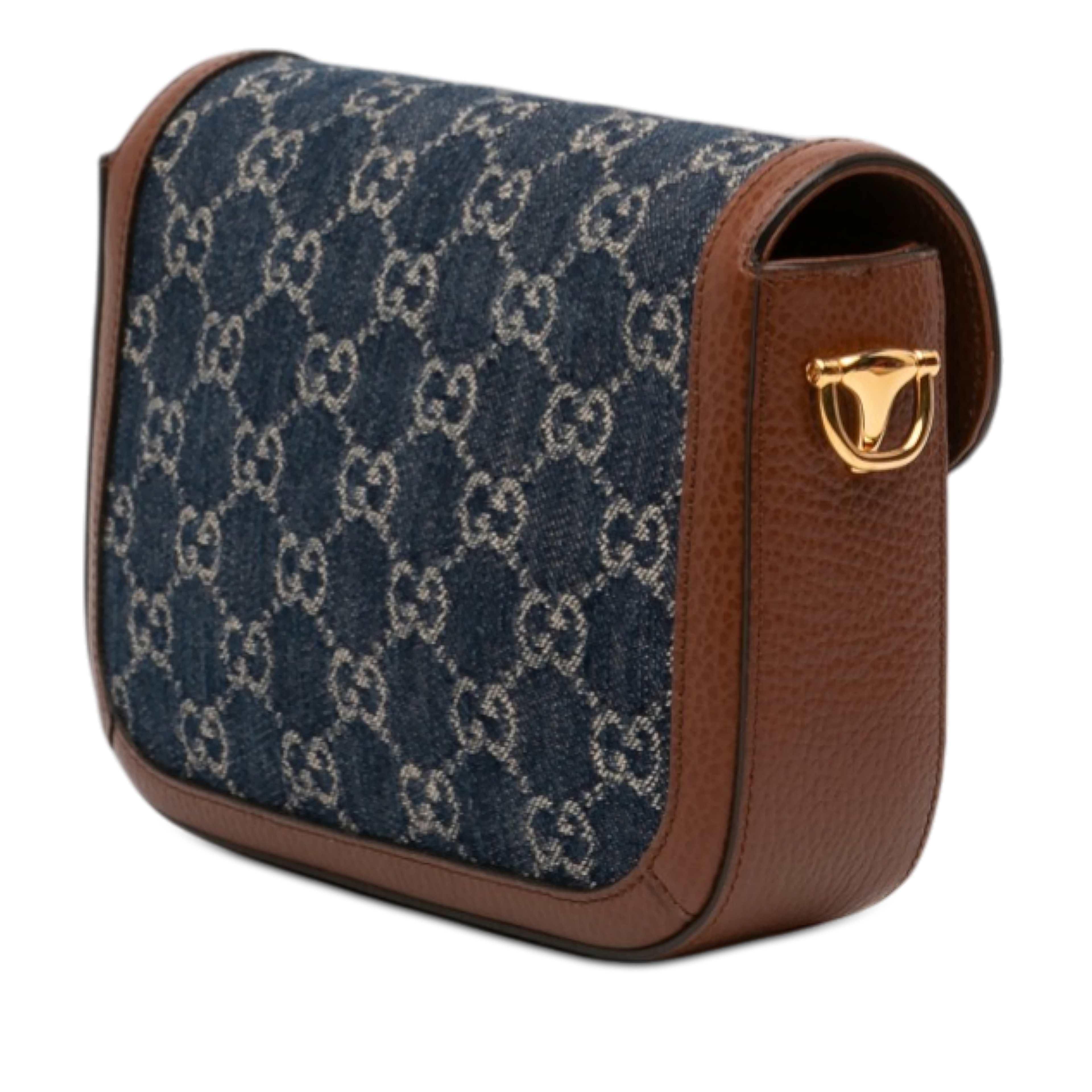 Gucci Small Gg Denim Web Horsebit 1955 Crossbody, från Luxclusif, i färgen dark blue. Klicka för att öppna bilden i stort format