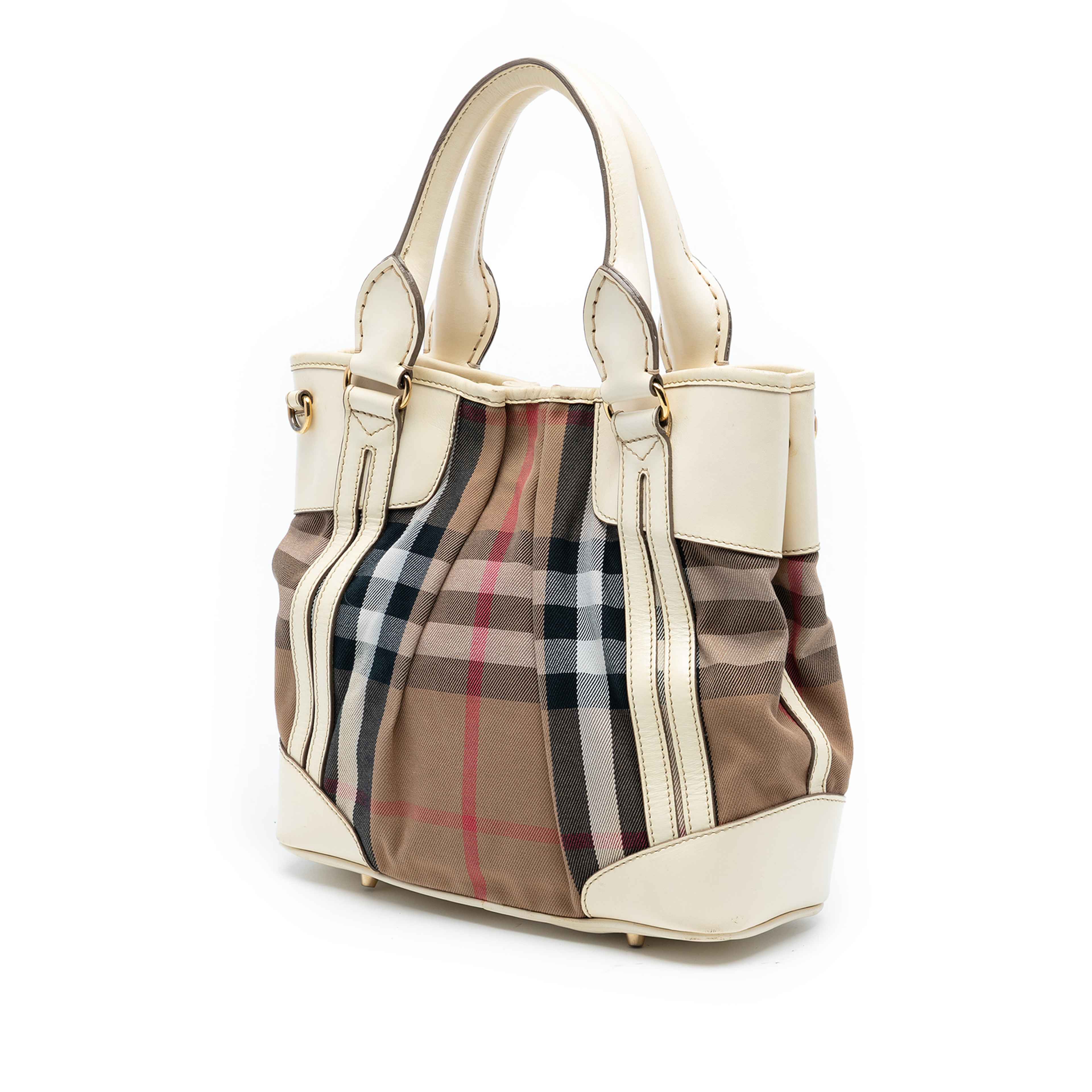 Burberry House Check Canvas And Leather Bridle Whipstitch Satchel, från Luxclusif, i färgen light brown. Klicka för att öppna bilden i stort format