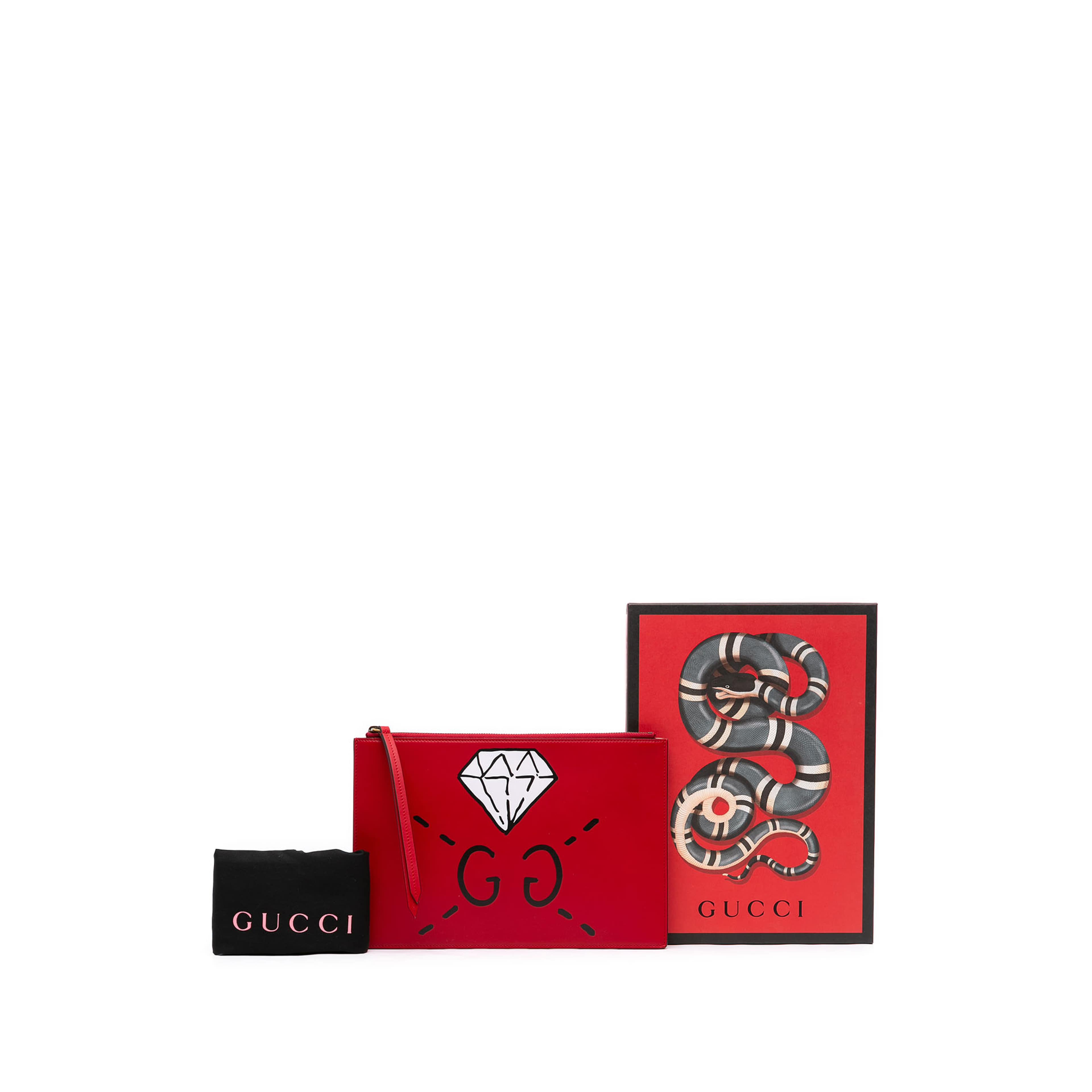 Gucci Guccighost Calfskin Diamond Zip Pouch, från Luxclusif, i färgen röd. Klicka för att öppna bilden i stort format