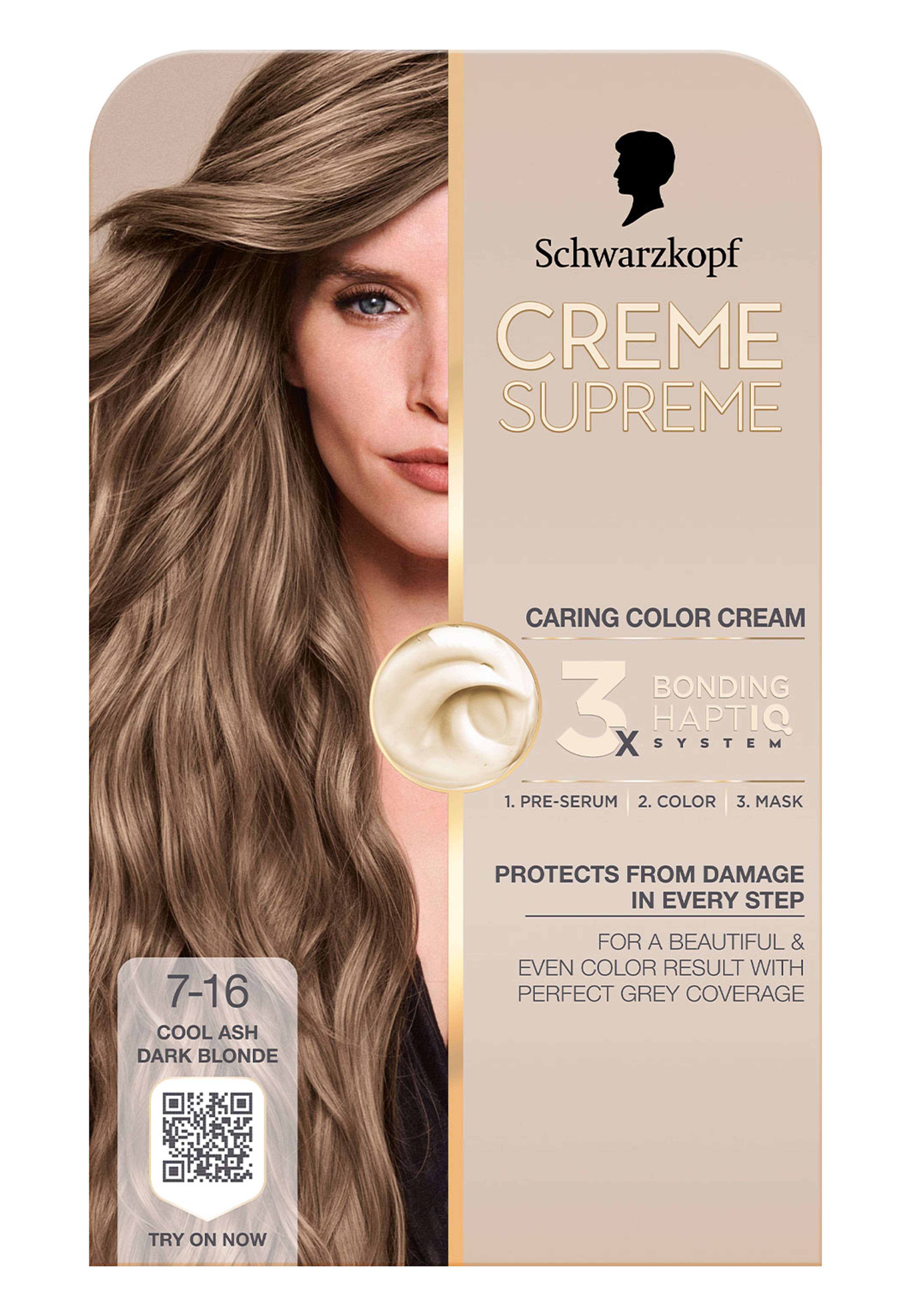Creme Supreme, från Schwarzkopf, i färgen 7-16 Cool Ash Dark Blonde. Klicka för att öppna bilden i stort format