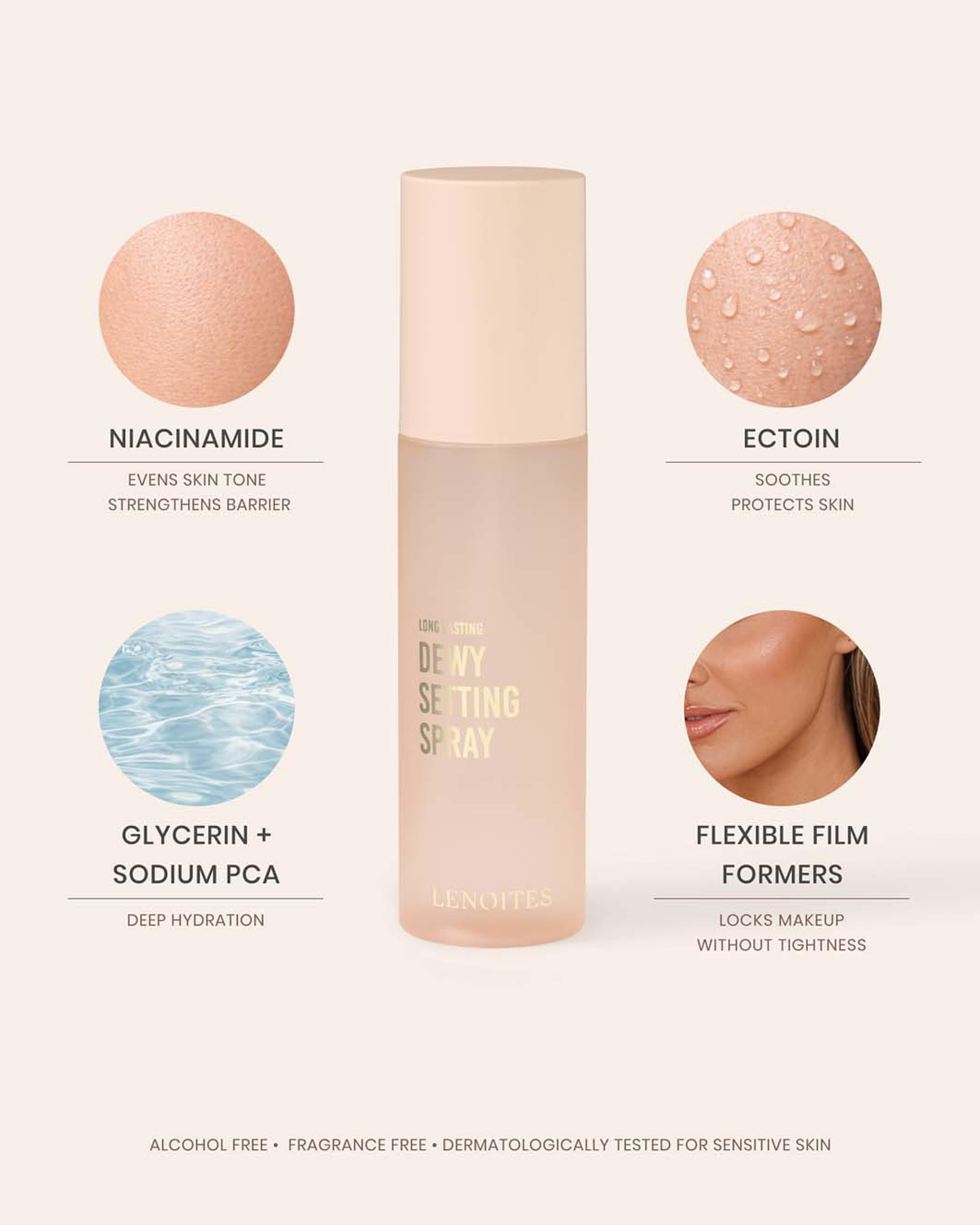 Long Lasting Dewy Setting Spray, från Lenoites, i färgen Transparent. Klicka för att öppna bilden i stort format