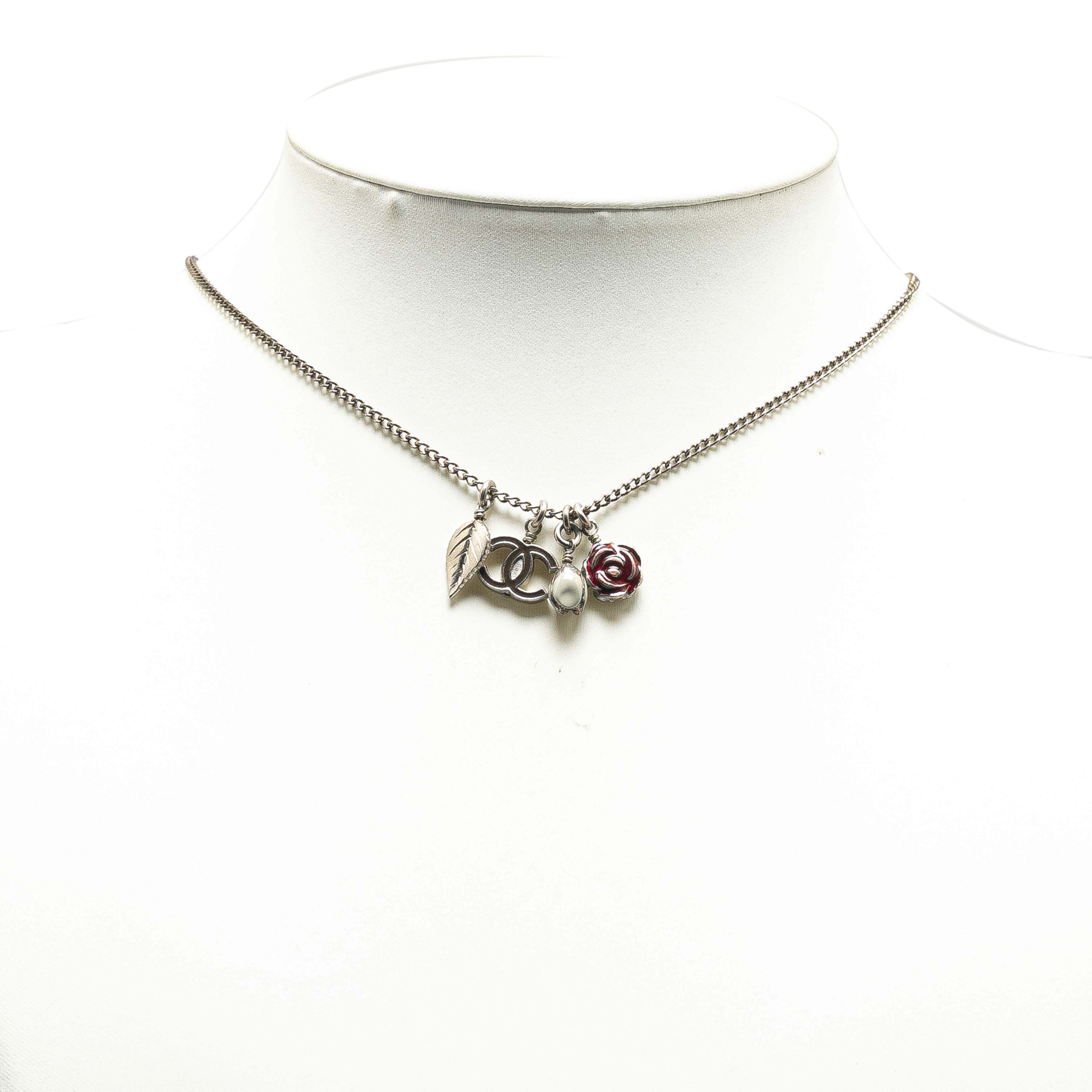 Chanel Silver Plated Cc Camellia Charms Necklace