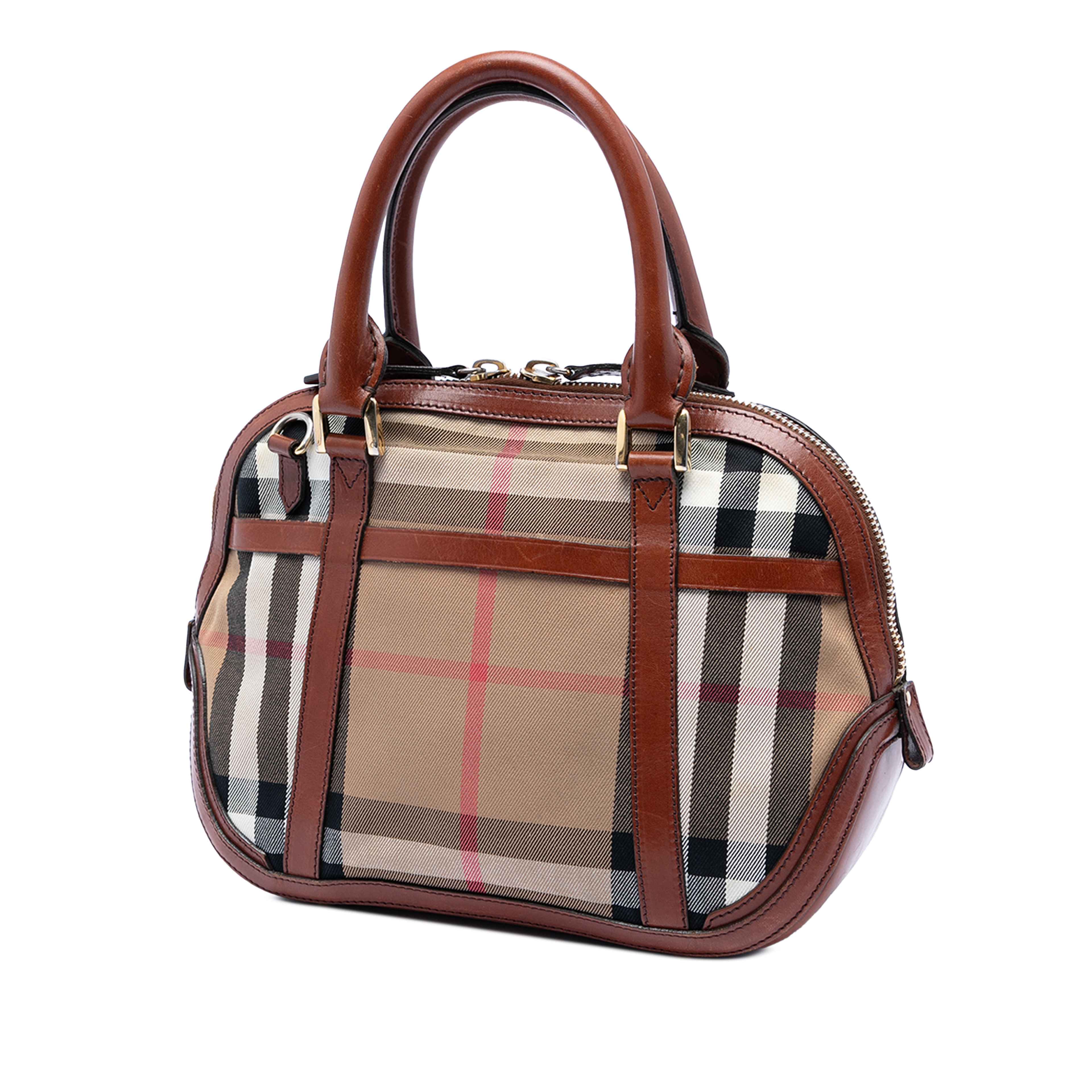 Burberry Small Leather Trimmed House Check Canvas Bridle Orchard Satchel, från Luxclusif, i färgen brun. Klicka för att öppna bilden i stort format