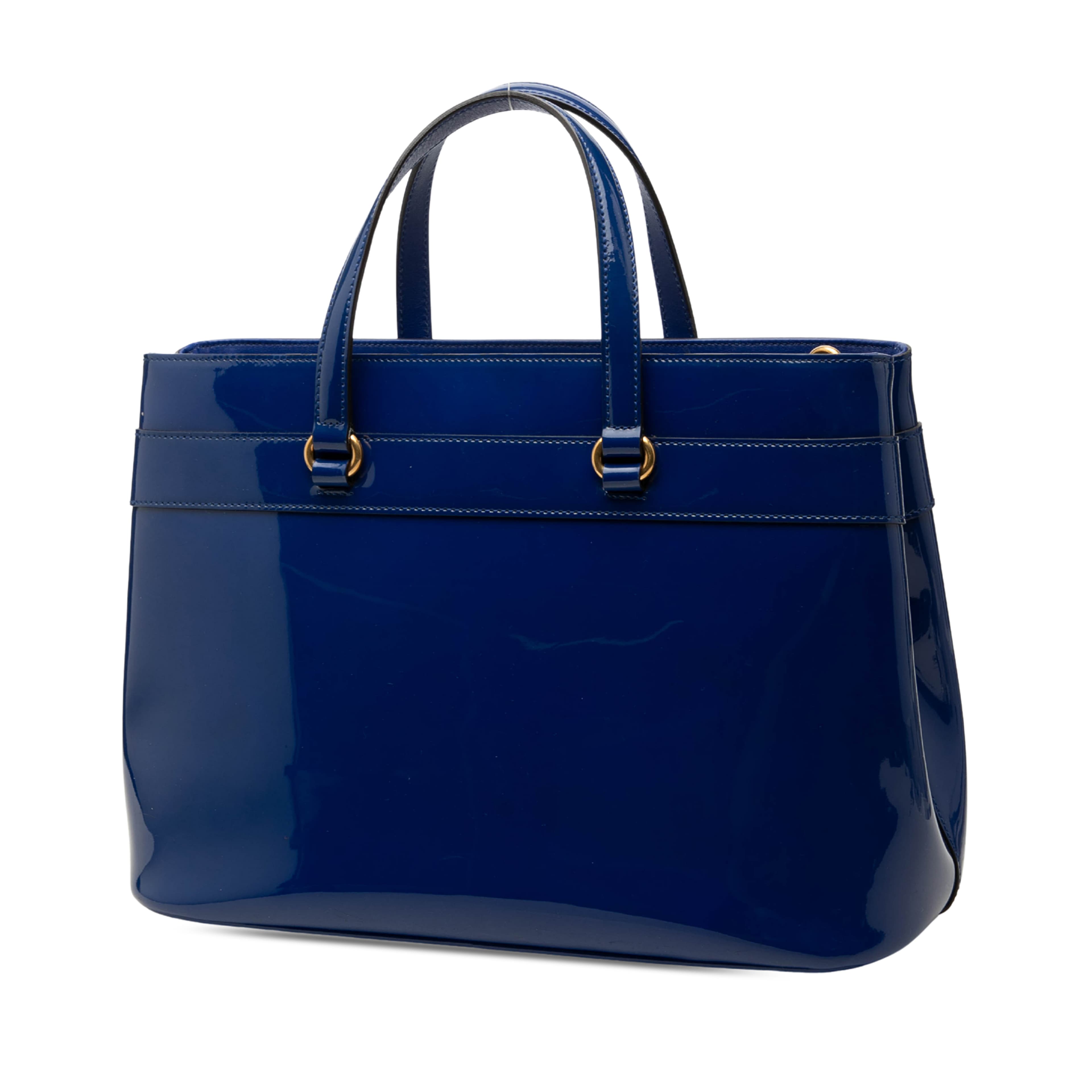 Gucci Patent Bright Bit Satchel, från Luxclusif, i färgen blå. Klicka för att öppna bilden i stort format