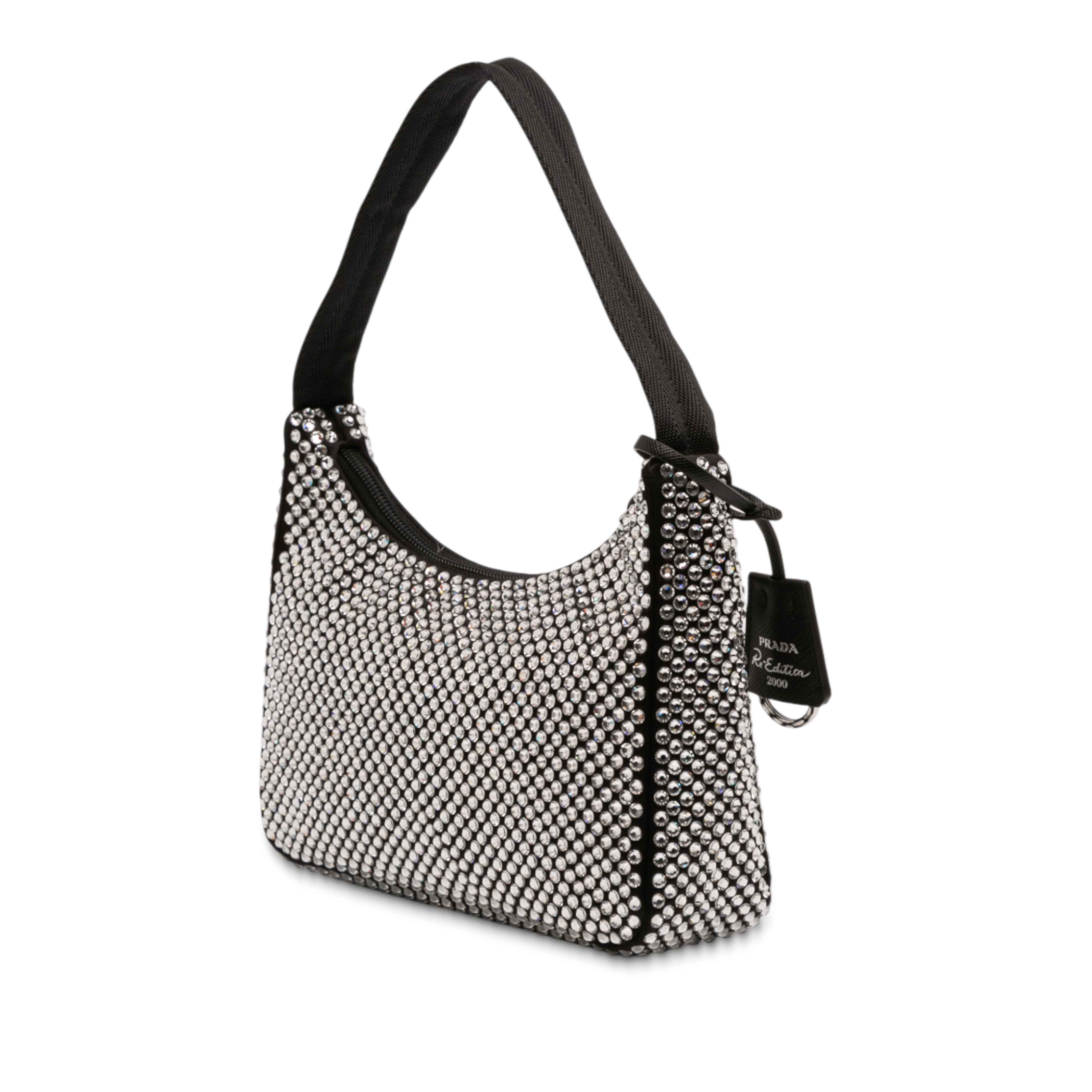 Prada Mini Satin Crystal Re Edition 2000 Shoulder Bag, från Luxclusif, i färgen black. Klicka för att öppna bilden i stort format