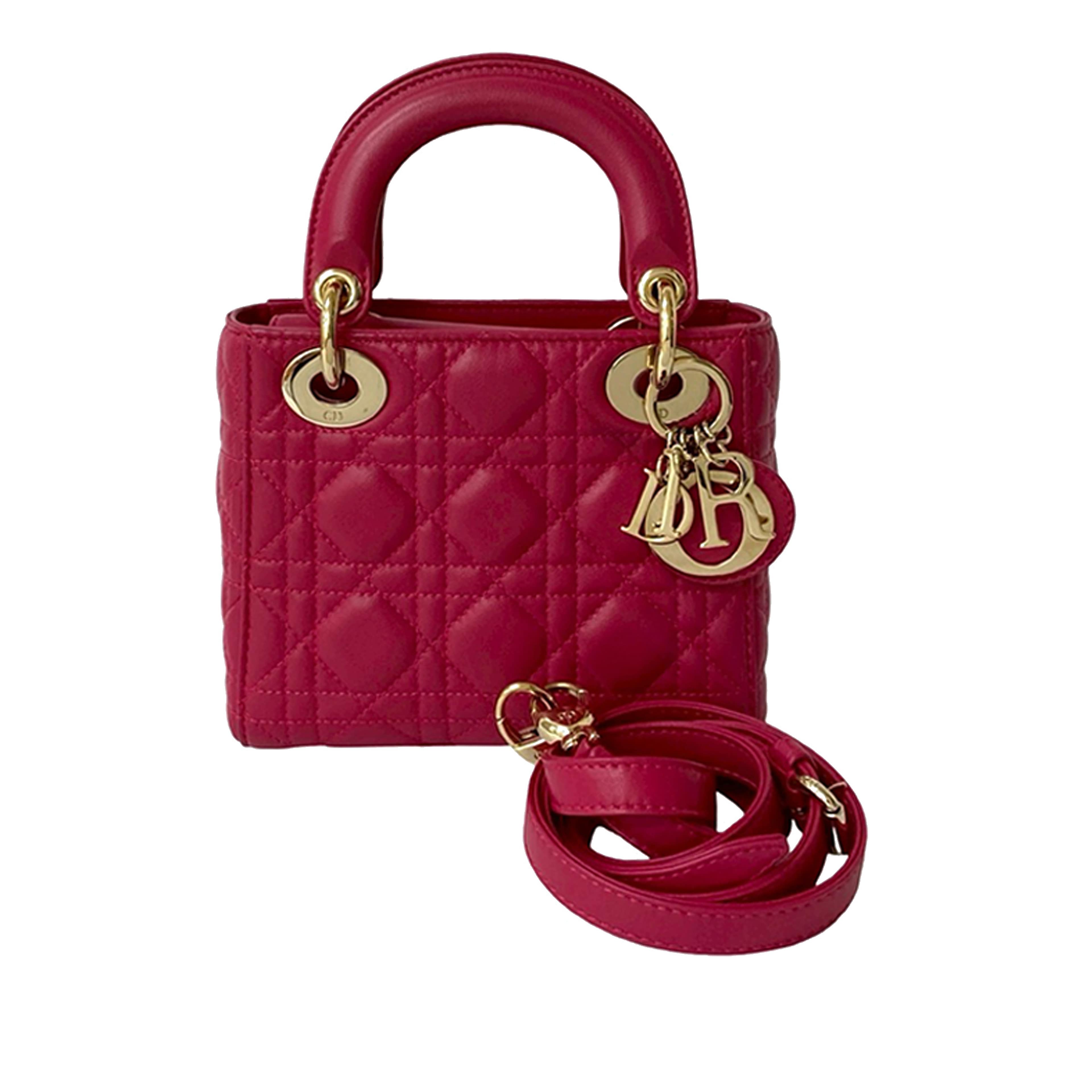 Dior Mini Lambskin Cannage Lady Dior, från Luxclusif, i färgen dark pink. Klicka för att öppna bilden i stort format