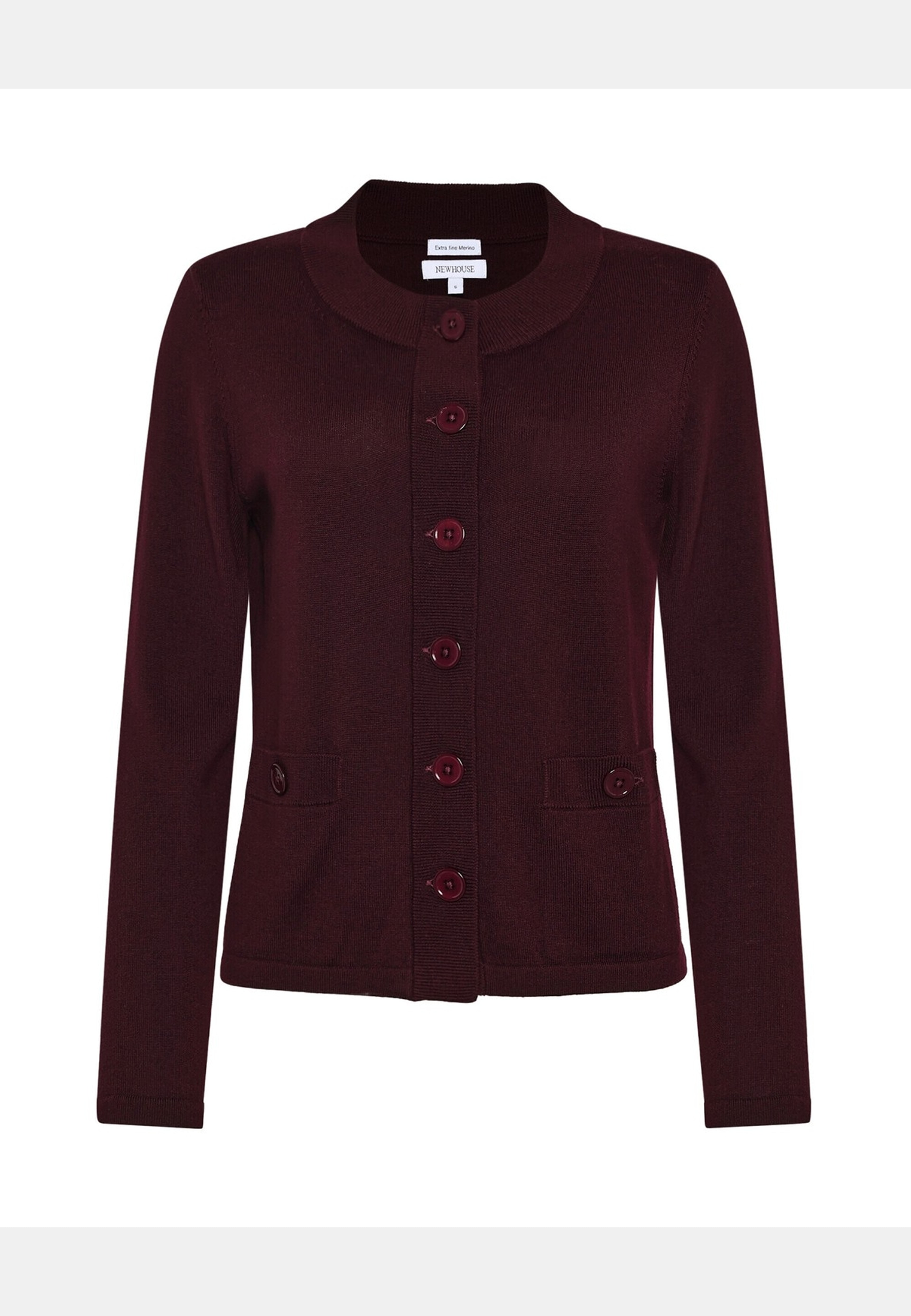 Merinoullscardigan Sarah, från Newhouse, i färgen vinröd. Klicka för att öppna bilden i stort format